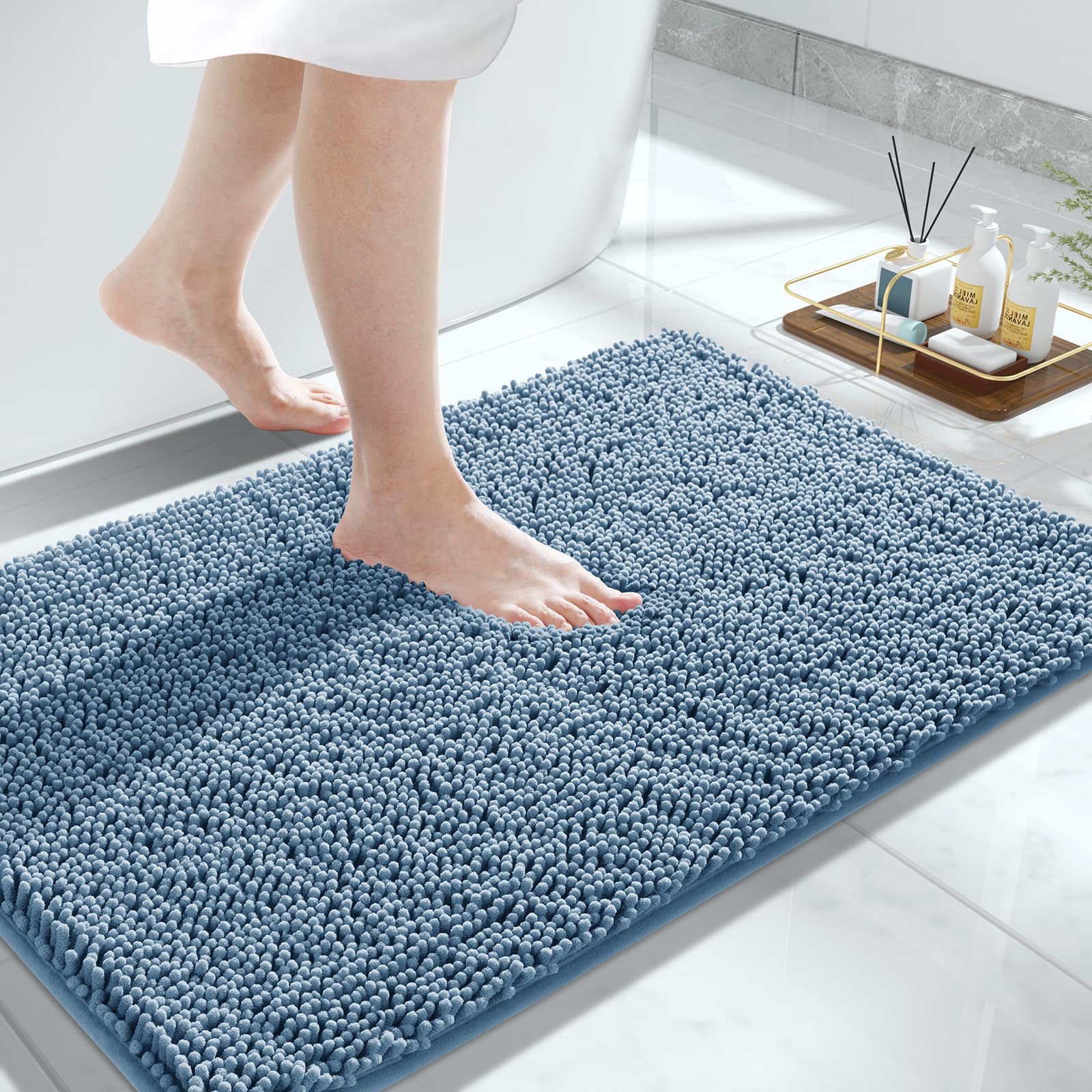 Yimobra Luxury Chenille Shaggy Bathroom Rug Mat - 32''x20'' Extra Soft Thick Absorbent Non-Slip Bath Mat for Bathroom Floor, Tub & Shower - Machine Washable Denim Blue - Perfect for Spa-Like Bathroom Decor & Cozy Home Comfort