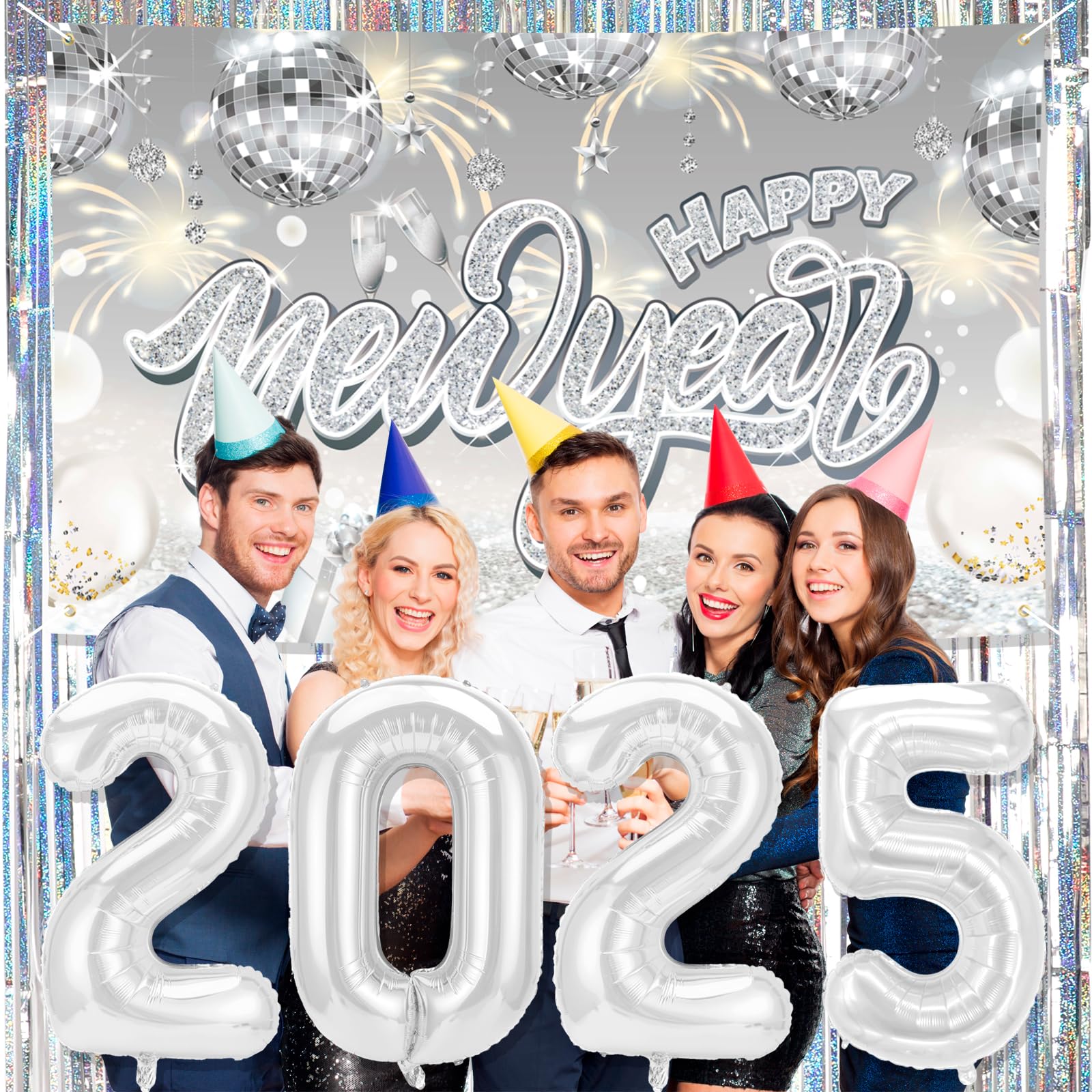 2025 New Year Decorations - Silver NYE Backdrop, Foil Fringe Curtains, Tinsel & Balloons for Party | Happy New Year Banner & Celebration Supplies for Home, Office & Event Decor