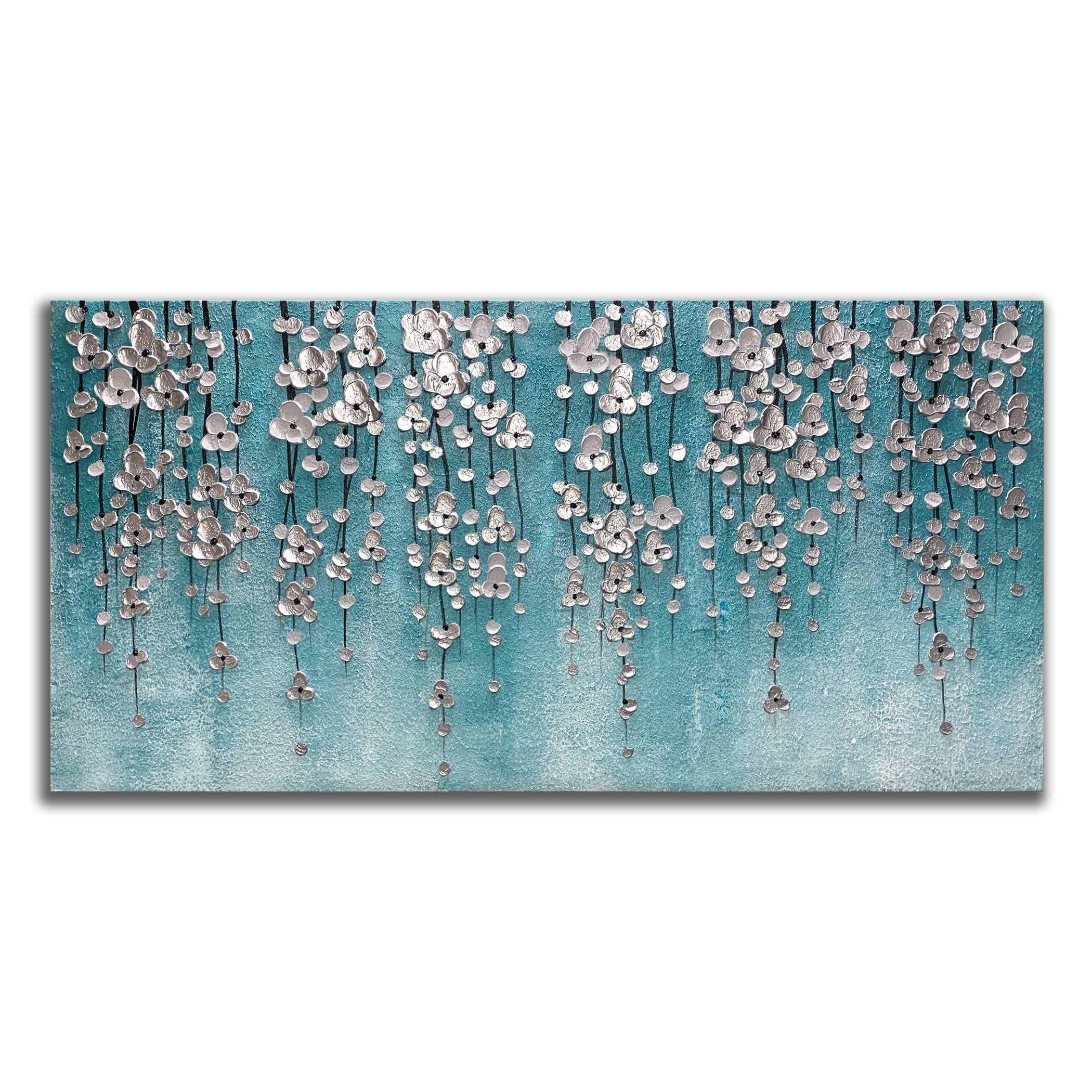 Yika Art 24x48 Inch Modern Abstract Oil Painting - Hand Painted Canvas Wall Art Decor for Living Room, Bedroom & Office - Silver Flower Abstract Artwork in Blue | Perfect for Home Decoration & Gift Giving