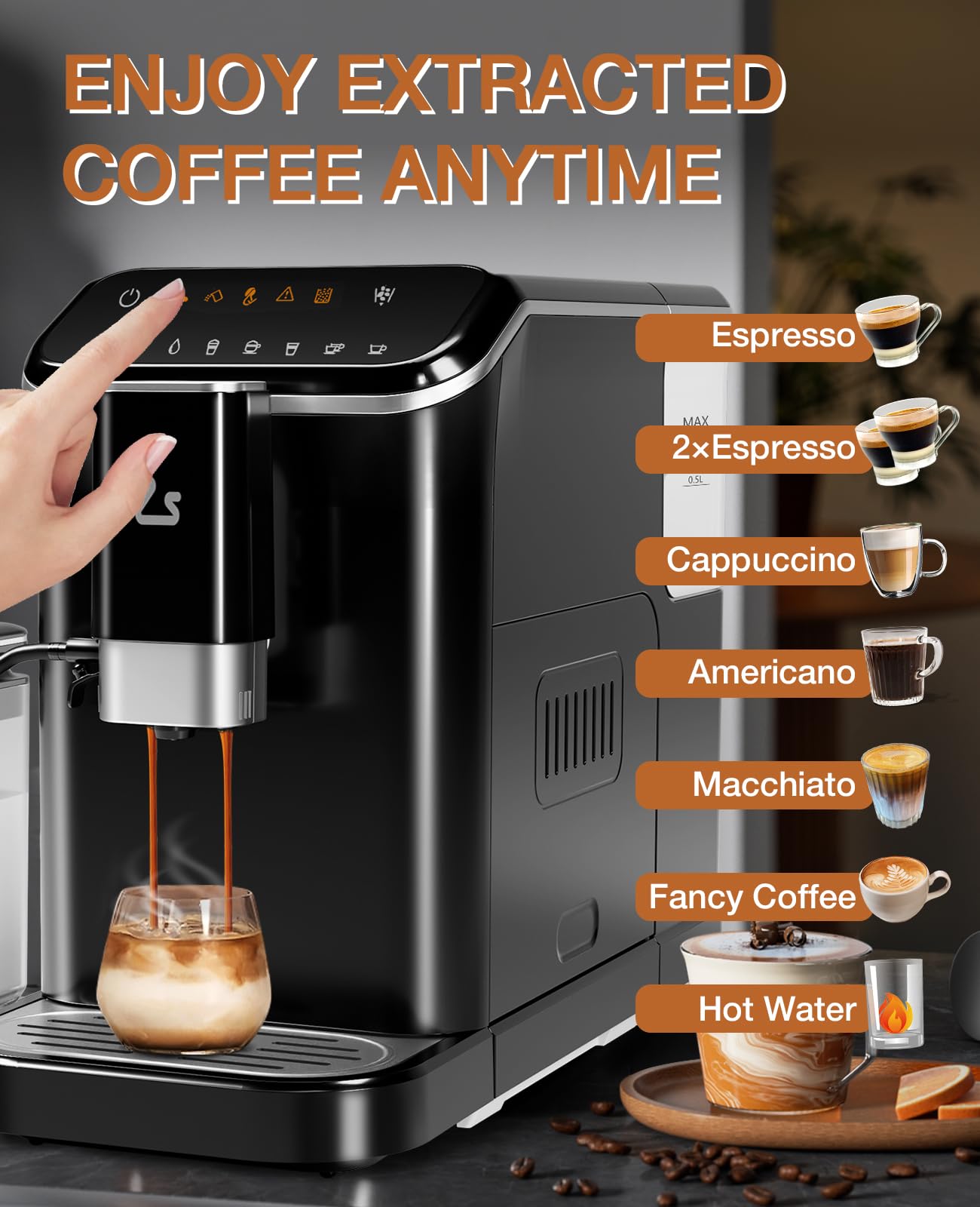 Premium 20 Bar Super-Automatic Espresso Machine with Built-in Adjustable Grinder & Milk Tank - 15 Grind Size Levels - Perfect Gift for Coffee Lovers - Ideal for Home, Office & Cafe Use