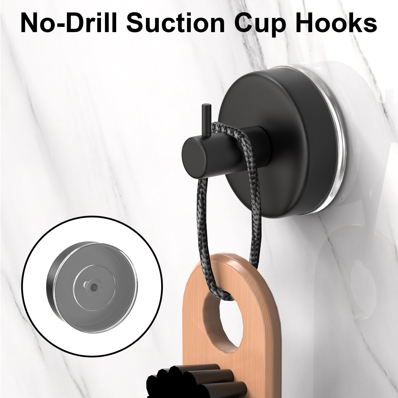 HUFEEOH 2-Pack Black Shower Towel Hooks - Removable Suction Cup Hooks for Bathroom & Kitchen