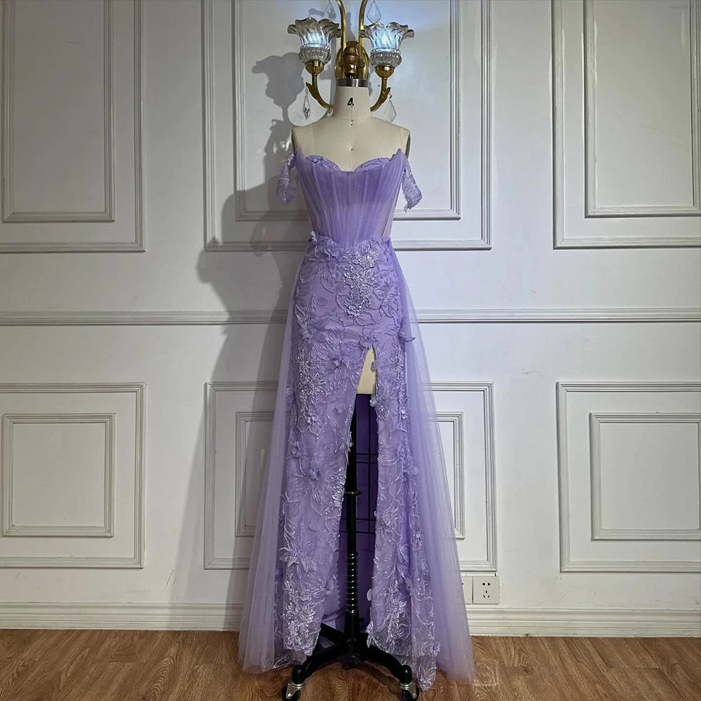 Luxury Dubai Lilac Off Shoulder Corset Beaded High Slit Tulle Saudi Evening Gown - Elegant Formal Dress for Weddings, Galas & Special Occasions LA72874