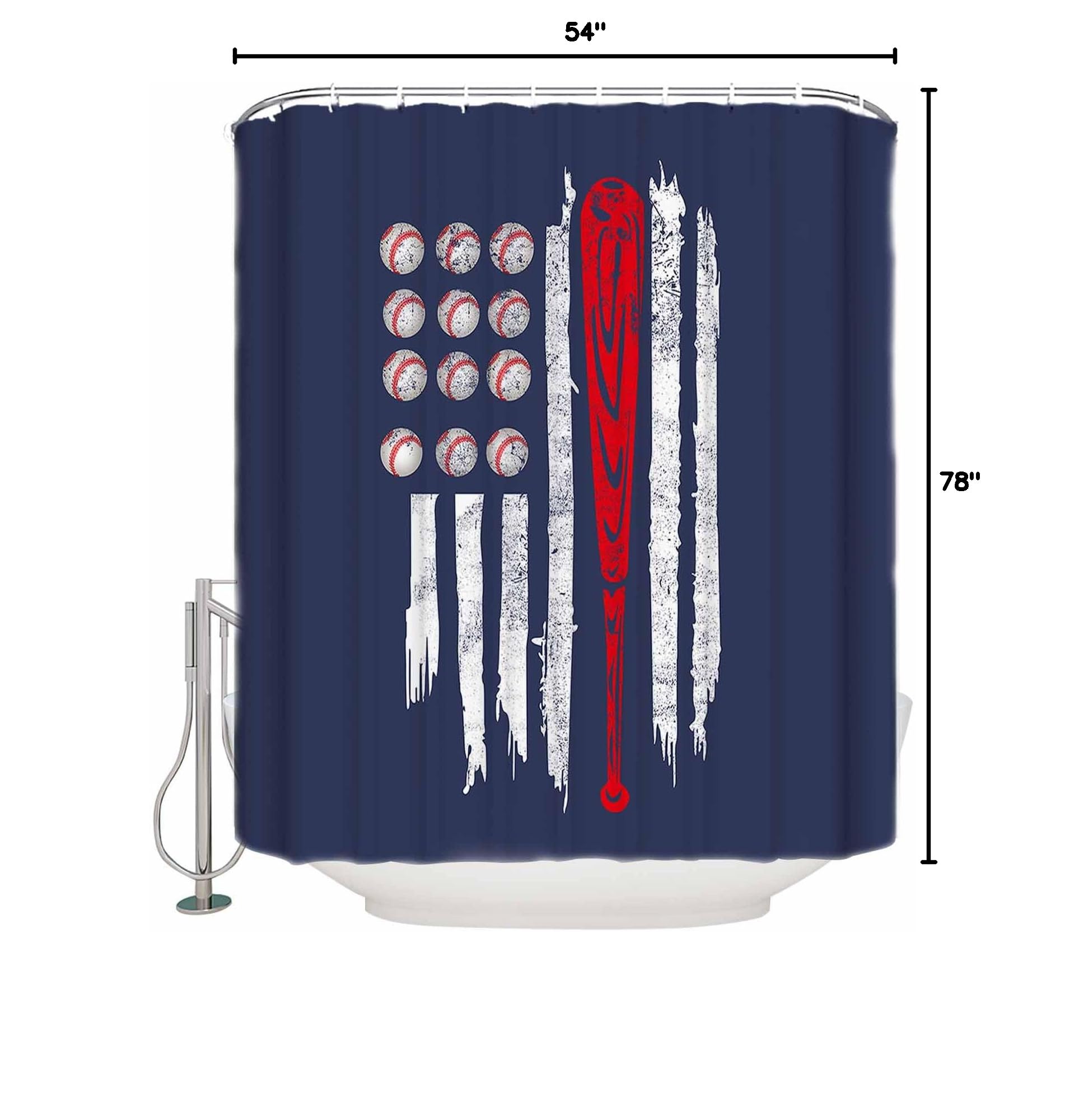 American Flag Baseball Design Bathroom Shower Curtain - Durable Waterproof Polyester Fabric with Plastic Hooks (54x78 inches) for Sports-Themed Home Decor | Perfect for Baseball Fans' Bathrooms, Game Day Parties & Patriotic Bedroom Themes