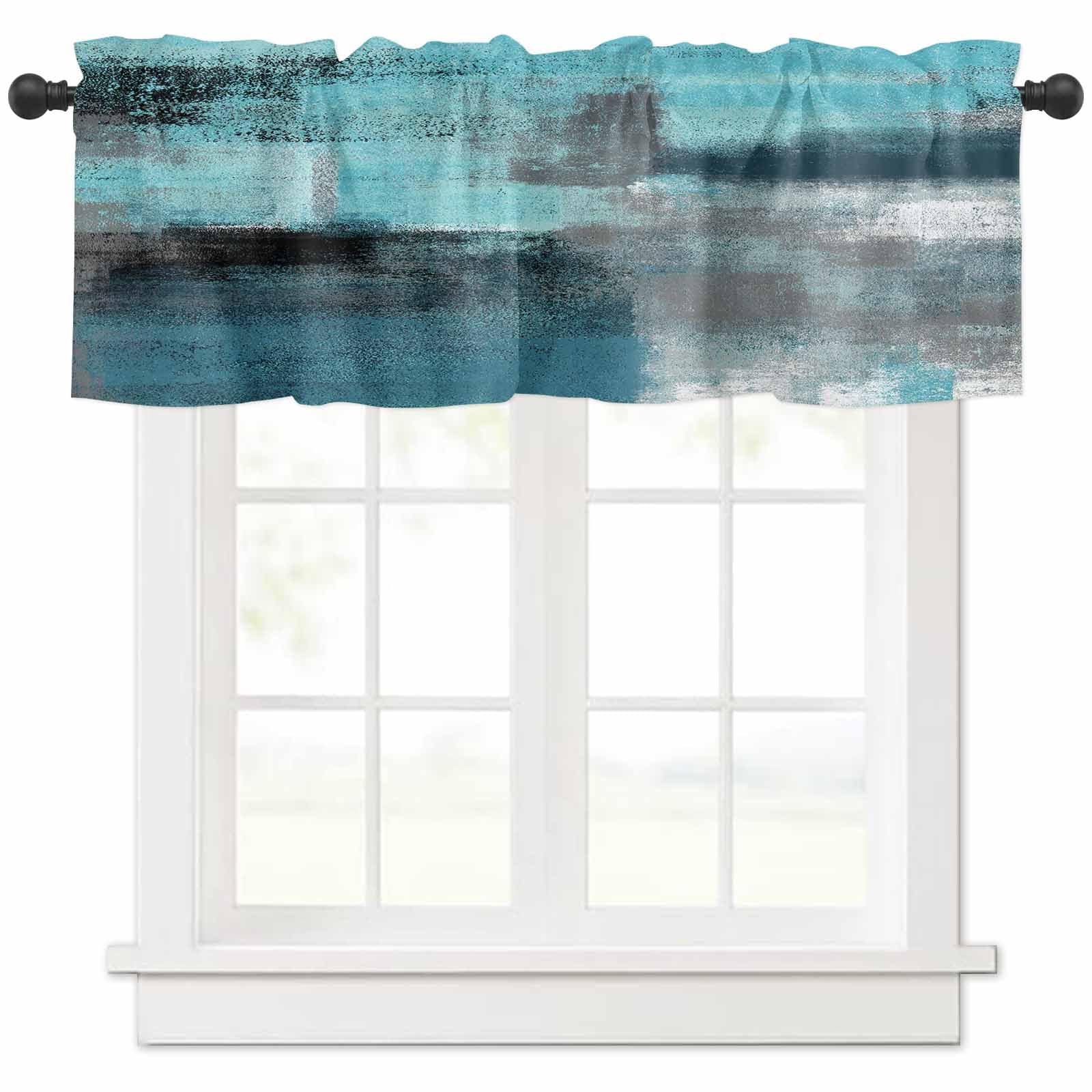 Abstract Graffiti Valance - Turquoise & Grey Art Window Treatment for Farmhouse & Bedroom Decor