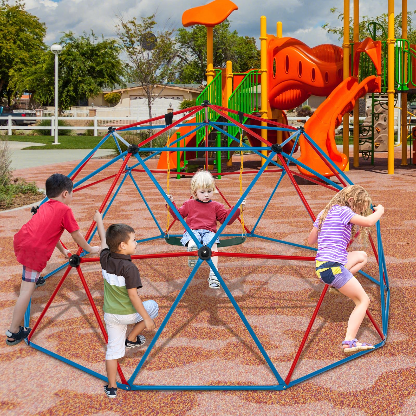 HONEY JOY 10FT Outdoor Climbing Dome with Swing Set - Heavy Duty 800LB Capacity Jungle Gym Monkey Bars for Kids Backyard Playground | Geometric Dome Climber for Toddlers & Children | Perfect for Outdoor Play, Birthday Parties & Backyard Adventures (Red)