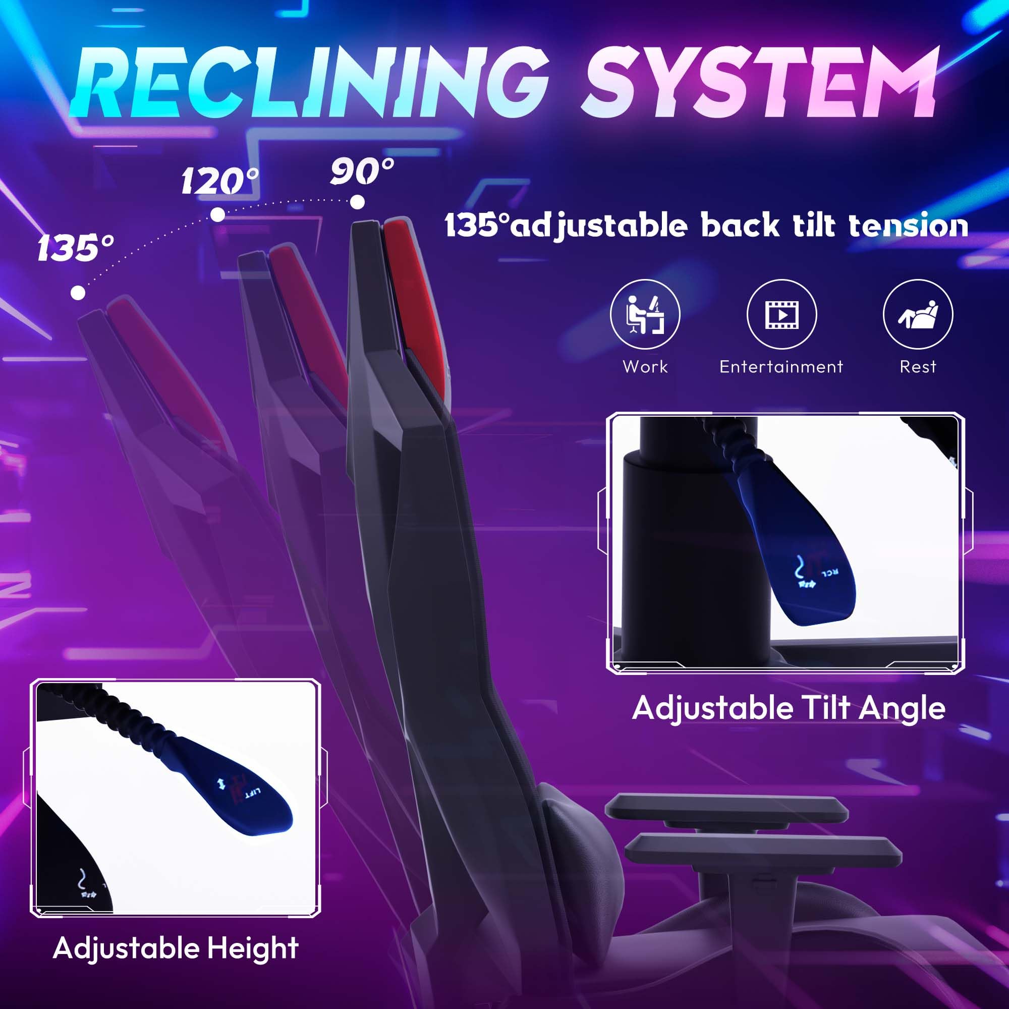 Dowinx RGB Gaming Chair with LED Lights - Ergonomic Computer Chair for Adults, Reclining Video Game Chair with Adjustable Lumbar Support & Headrest - Perfect for Gaming Setup, Office Work & Streaming (Black Red)