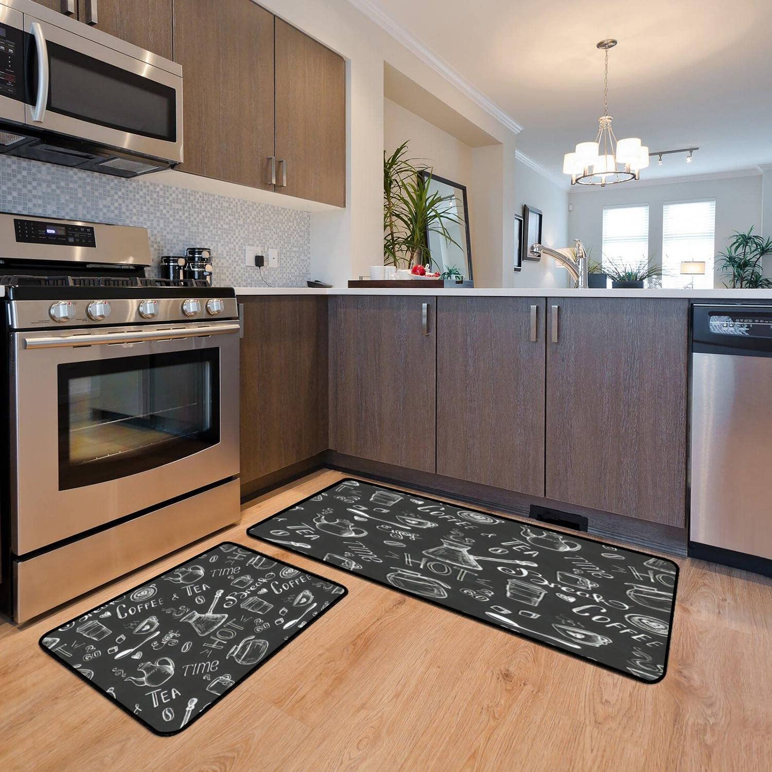 Non-Slip Kitchen Rugs Set - Washable Coffee Tea Doodle Mats for Floor Decor