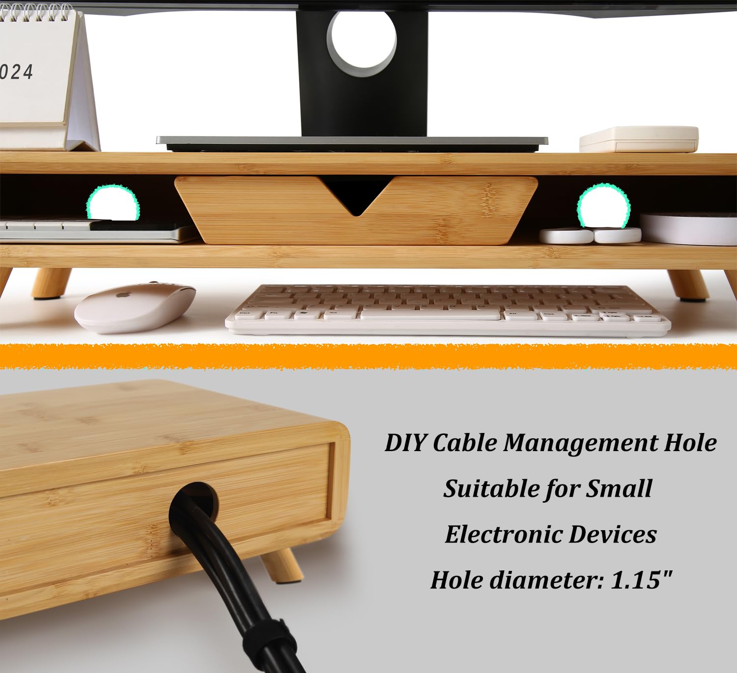 Homerays Bamboo Monitor Stand Riser with Drawer - No Assembly Required, Ergonomic Height Adjustable Wooden Computer Monitor Stand for Home & Office Workspace