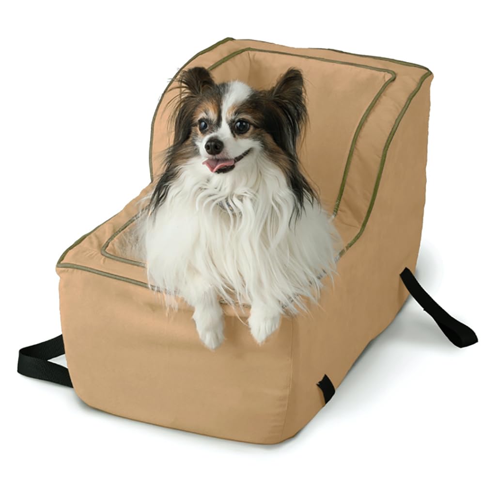 Snoozer Large High Back Console Dog Car Seat - Travel Pet Bed Carrier for Small Dogs up to 12lbs | Safe Car Travel with Seat Belt Harness Strap | Removable Machine Washable Camel Cover | Perfect for Road Trips & Vet Visits