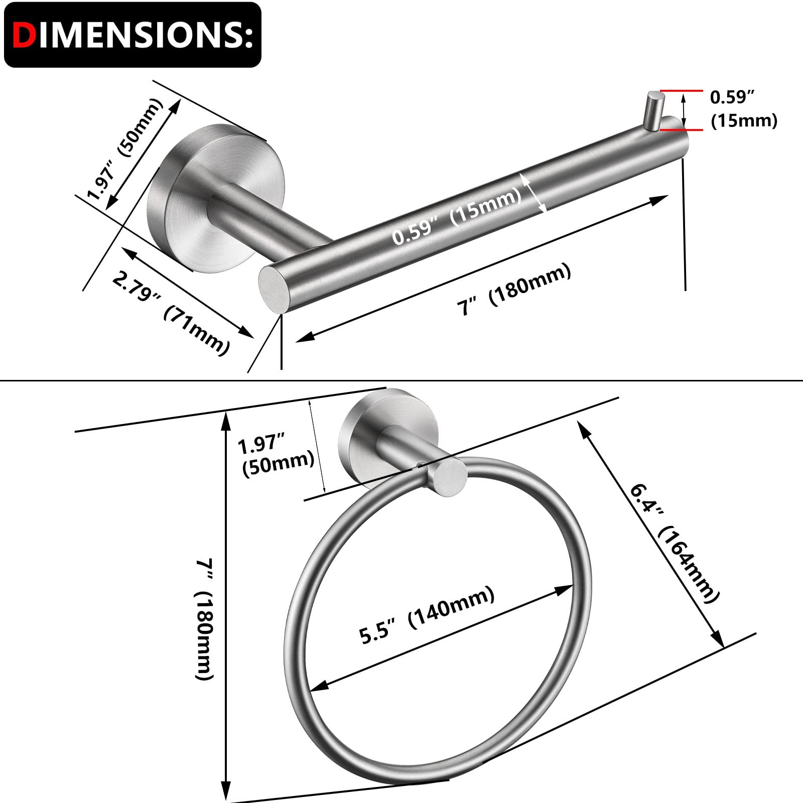 Brushed Nickel Toilet Paper Holder and Towel Ring Set - 2 Piece Bathroom Hardware Accessories, SUS304 Stainless Steel Wall Mounted Towel Holder - Perfect for Modern Bathrooms and Powder Rooms