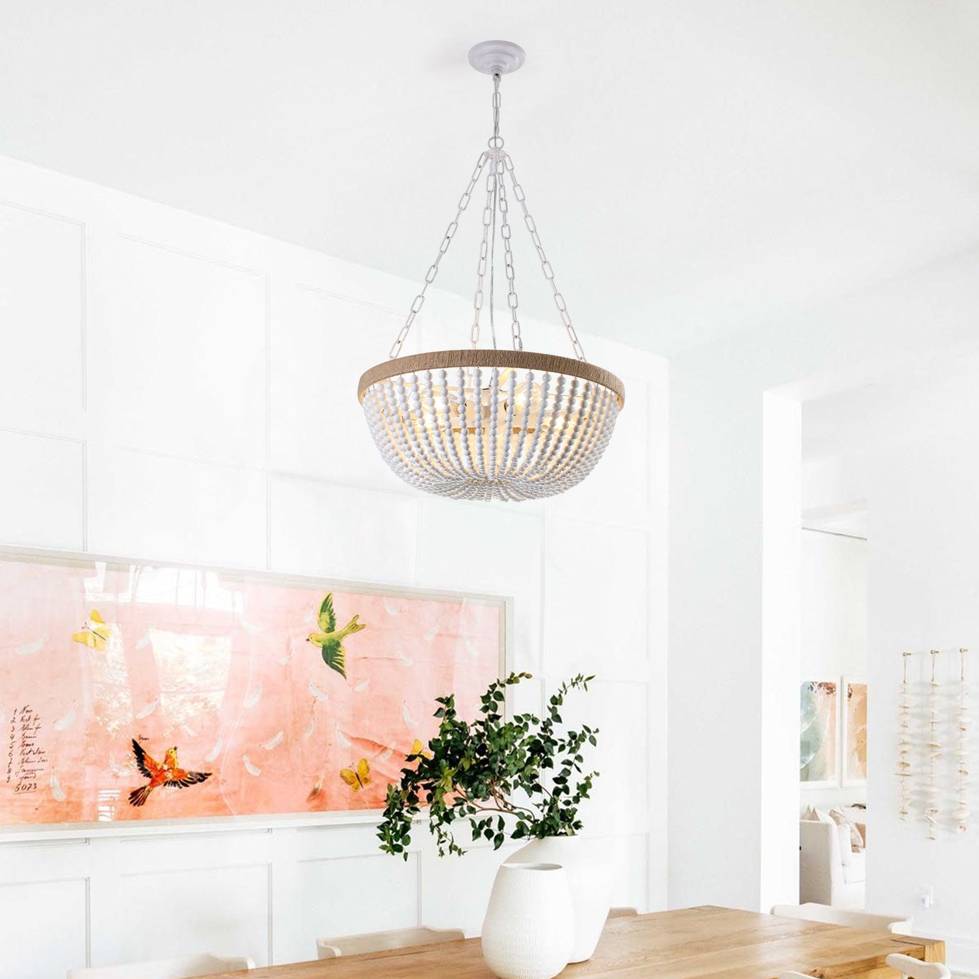 Bohemian Style Wood Beaded Chandelier - Handcrafted Oak Wood Pendant Light with White Beads | Perfect for Living Room, Bedroom, or Dining Room Decor