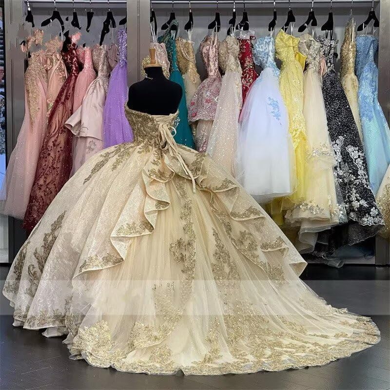 Sparkling Sequined Applique Beaded Champagne Sweet 16 Dresses | Elegant Quinceanera Ball Gown for Women | Tulle Pageant Prom Dress 2025 | Perfect for Sweet 16 Parties, Quinceaneras, Pageants & Prom Nights
