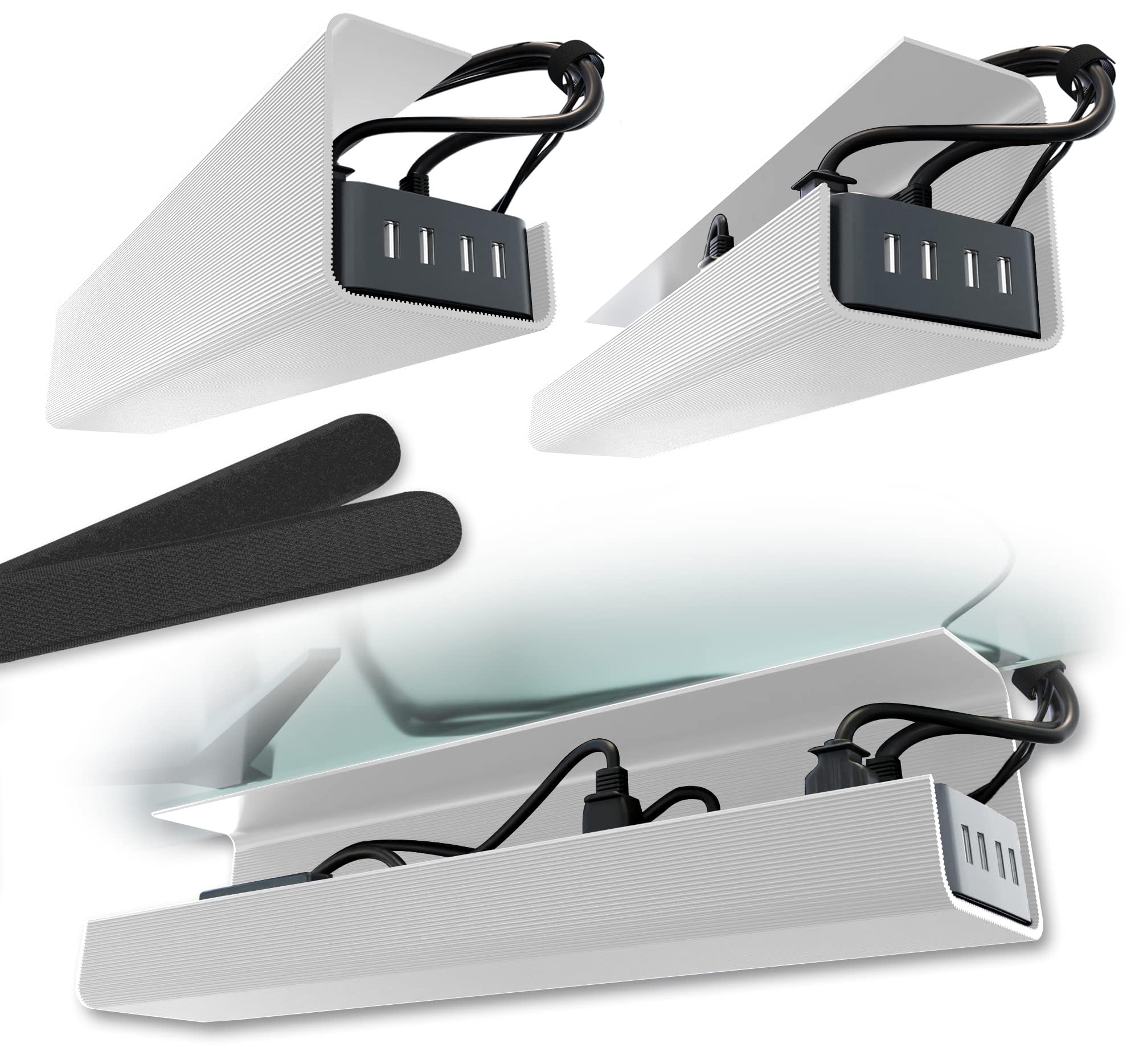 No-Screw Under Desk Cable Management Tray - Self-Adhesive Cord Organizer for Home & Office, White Set of 2 - Perfect for Computer Wires, Power Strips & Charging Cables Under Workstations
