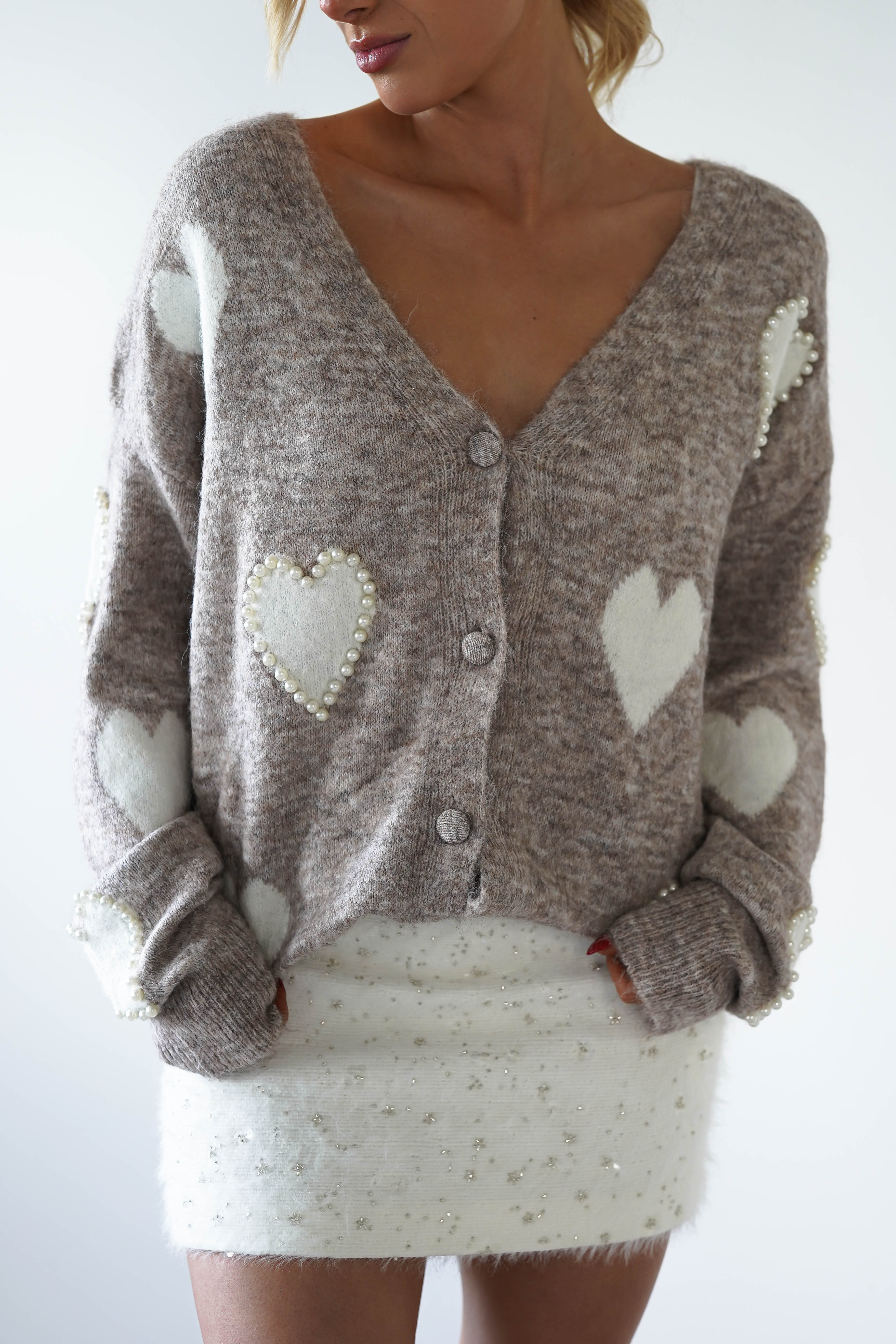 Lilah Pearl Heart Oversized Cardigan for Women - Soft Chunky Knit Long Open Front Sweater in Taupe | Perfect for Fall, Winter, Cozy Loungewear & Casual Outfits