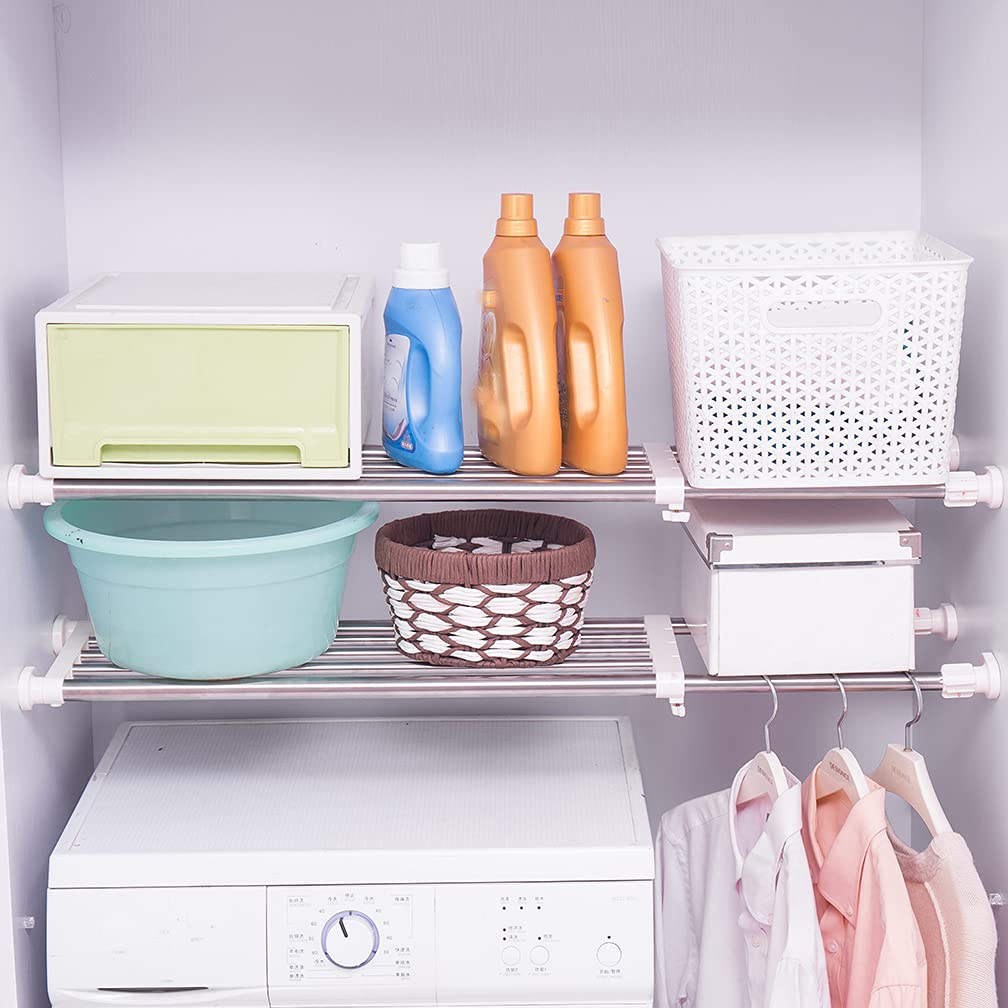 Hershii Expandable Closet Organizer - Adjustable Tension Shelf Rod, Heavy Duty Storage Rack for Wardrobe, Cupboard, Kitchen & Bathroom - Perfect for DIY Home Organization & Space Saving Solutions