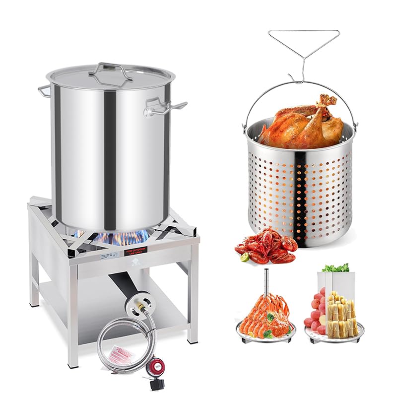 **52QT Stainless Steel Seafood Boiling Kit with 200,000 BTU Propane Burner – Crawfish Boil Pot with Basket & Steamer Rack – Outdoor Cooking, Turkey Fryer, Lobster & Shrimp Boiling for Backyard Parties, Camping & Large Gatherings**