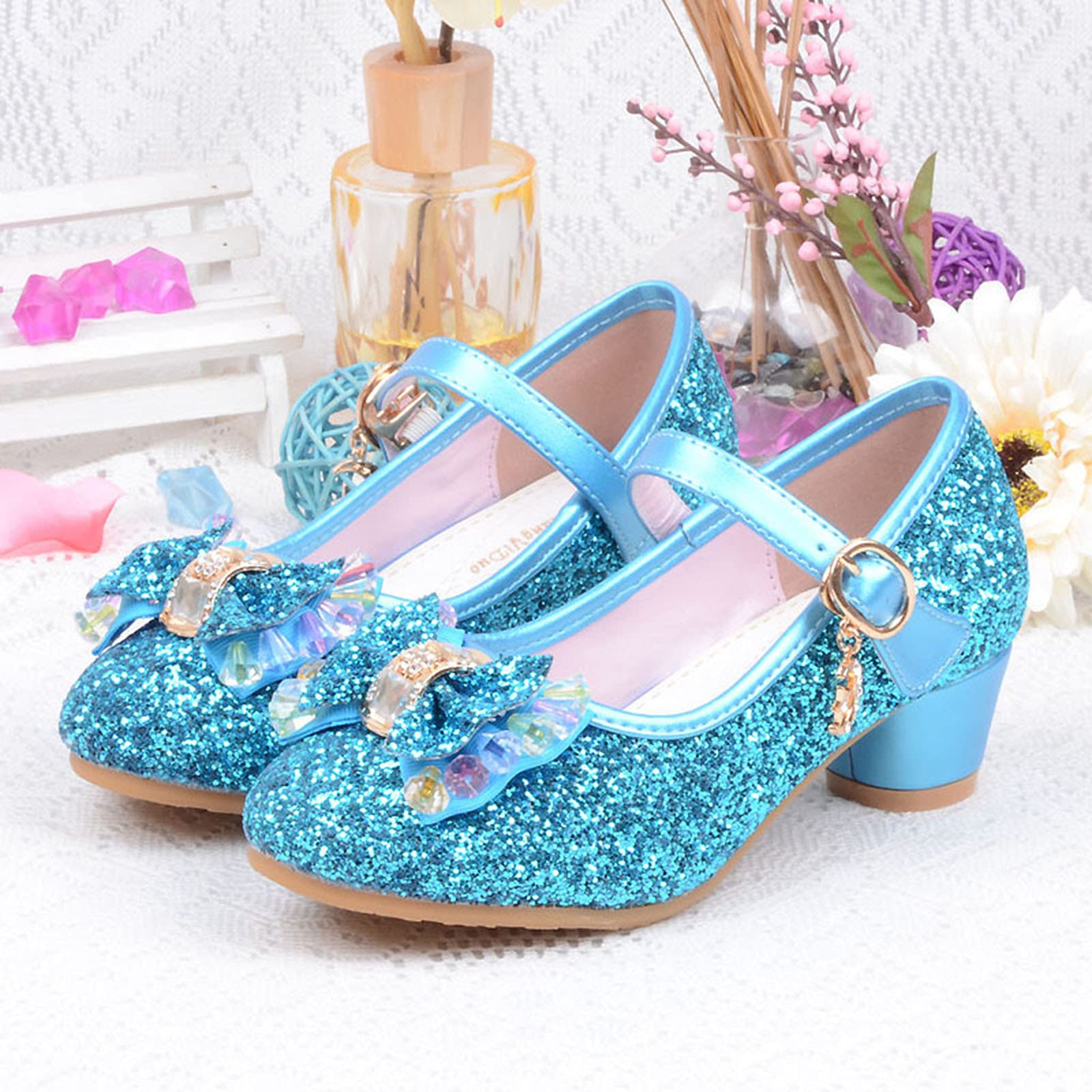 Pearl Sandals for Girls - Bowknot Crystal Baby Shoes (Blue, Age 5-5.5) for Princess Parties & Playtime
