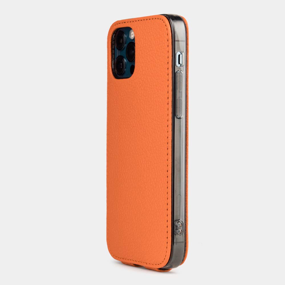 Premium Ultra Thin Leather Flip Flap Case for iPhone 12 Pro Max - French Made Patented Design [Orange] - Perfect for Business & Everyday Protection