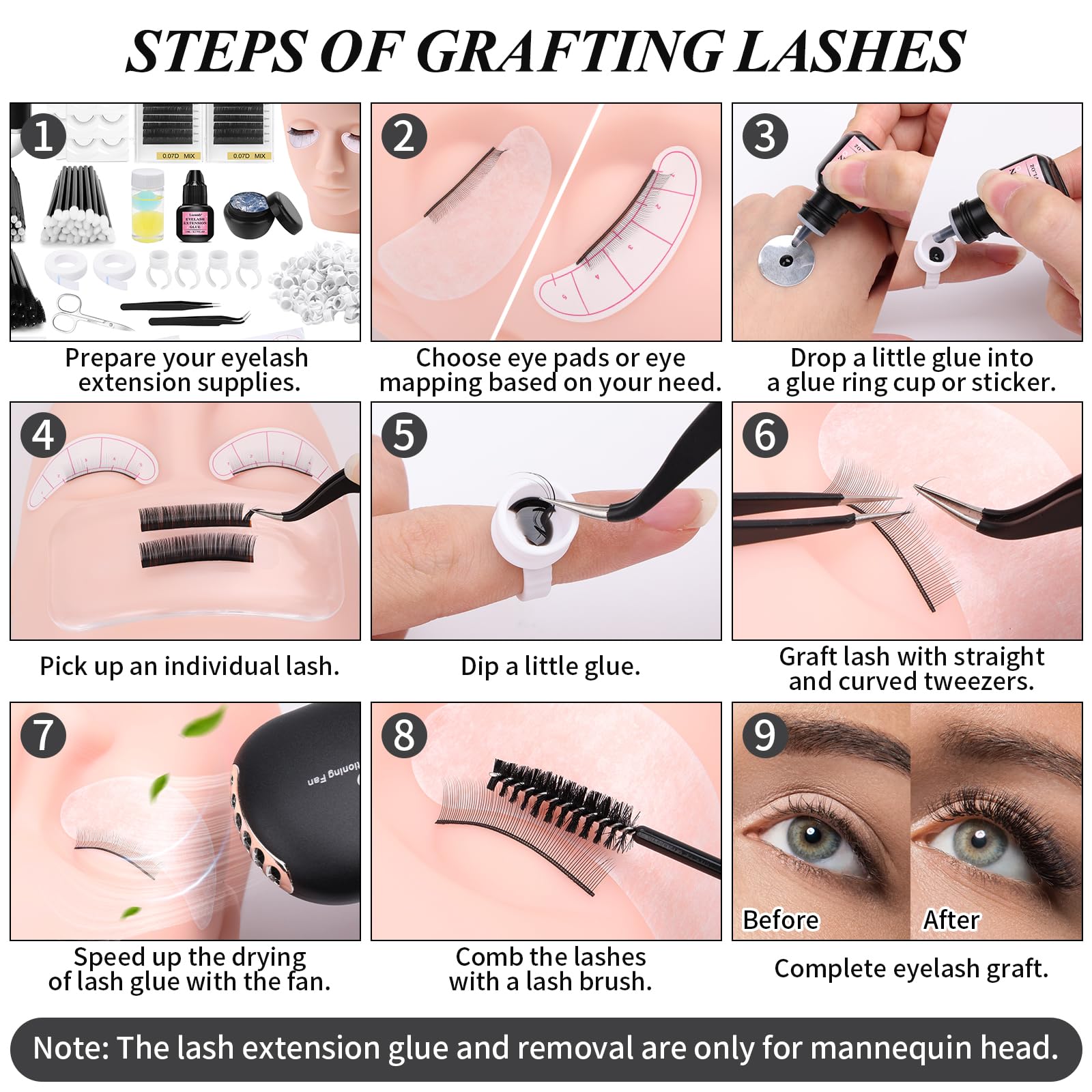 Professional Eyelash Extension Kit for Beginners - Includes Mannequin Practice Head, Lash Clusters, Extension Glue, Remover, Fan & Tweezers - Complete Lash Tech Training Supplies for Home Salon & Professional Use