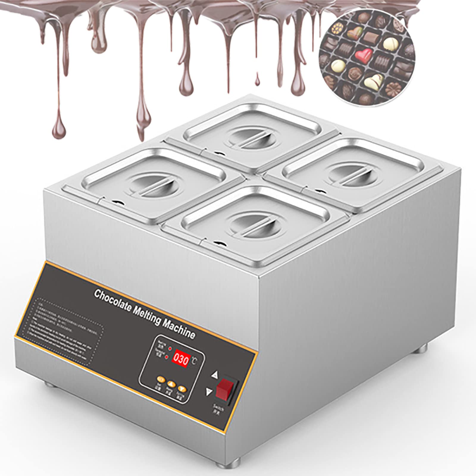 Professional 500W Digital Electric Chocolate Melting Pot - 20Lbs Stainless Steel Chocolate Tempering Machine with Dry Burn Protection - Commercial Chocolate Warmer & Fondue Maker for Bakeries, Candy Shops, Home Use (4-Tank Capacity) - Perfect for Valentine's Day, Christmas Gifts & Party Dessert Making