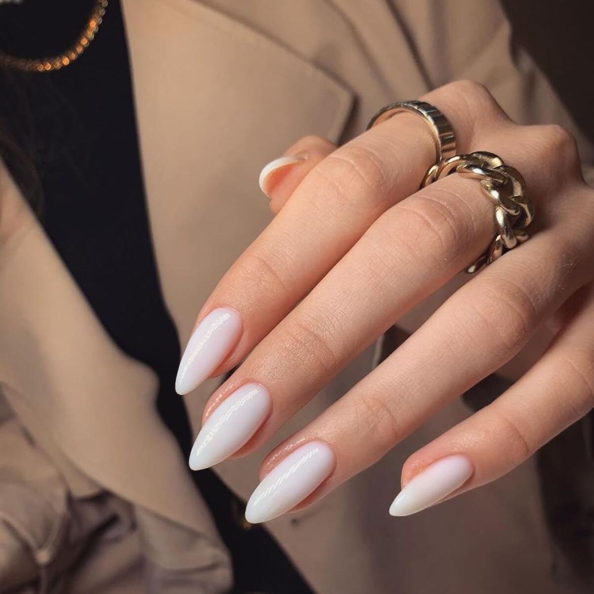 KQueenest 48 Pcs Almond Press on Nails - Medium Length White Fake Nails with Glue, Acrylic Stiletto Nails for Women, Long-Lasting Gel Stick on Nails for Manicure & Nail Art | Perfect for Parties, Weddings, and Daily Wear