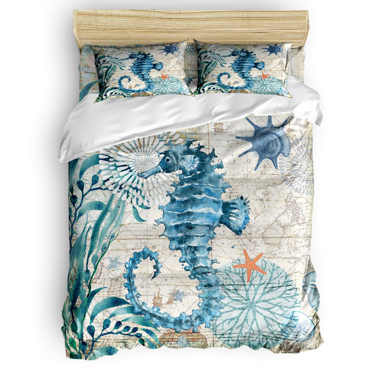 Luxury Queen Size Soft Duvet Cover Set - Hippocampus Sea Animal Pattern Bedding for Adults & Kids | Includes 1 Duvet Cover, 1 Flat Sheet & 2 Pillowcases with Zipper Closure | Perfect for Master Bedroom, Guest Room & Kids' Room Decor