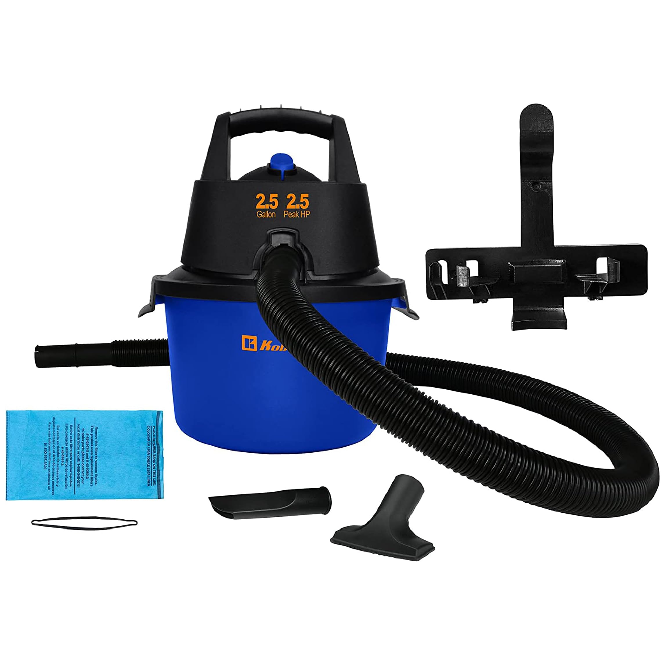 Koblenz WD-2.5L Portable Wet Dry Vacuum Cleaner - 2.5 Gallon Powerful Suction & Blower for Liquids, Dust, Pet Hair - 10ft Reach with Wall Mount & Accessories - Ideal for Car Cleaning, Home, Workshop & Garage (Blue/Black)