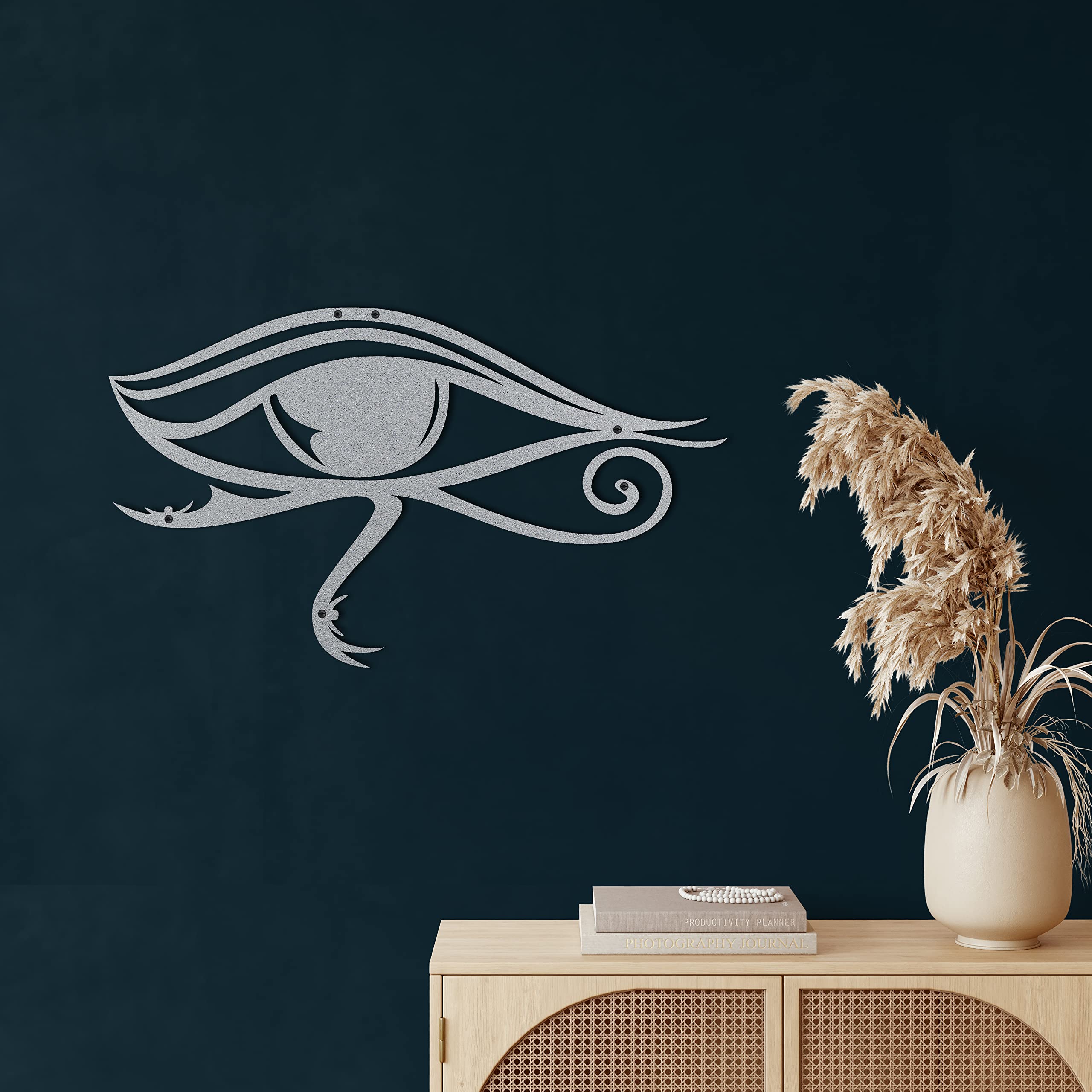 Eye of Horus Metal Wall Art - 24x14 Inch Silver Egyptian Wall Decor for Living Room, Bedroom & Office - Indoor/Outdoor Hanging Sign for Home & Garden Decor