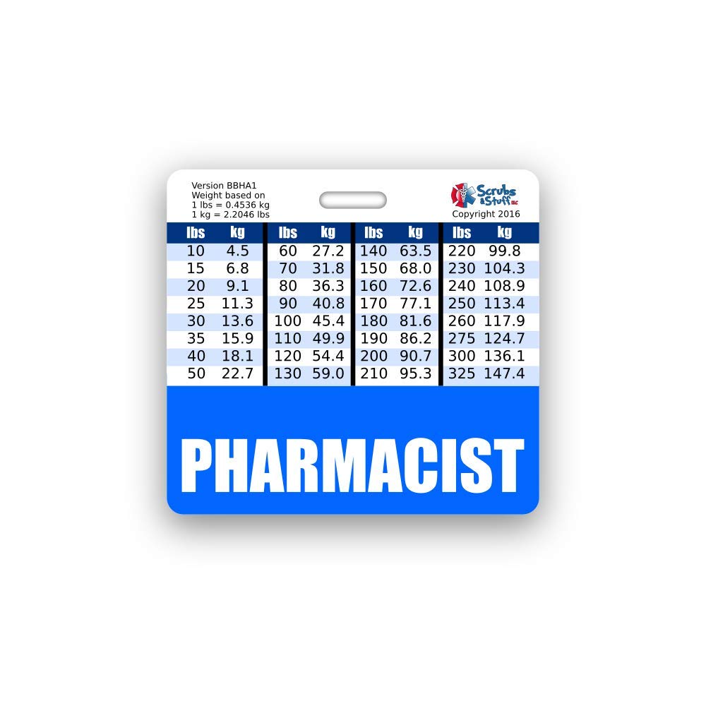 Pharmacist Badge Buddy with Height & Weight Conversion Charts - Standard Blue for Medical Professionals | Ideal for Hospital, Clinic & Pharmacy Use