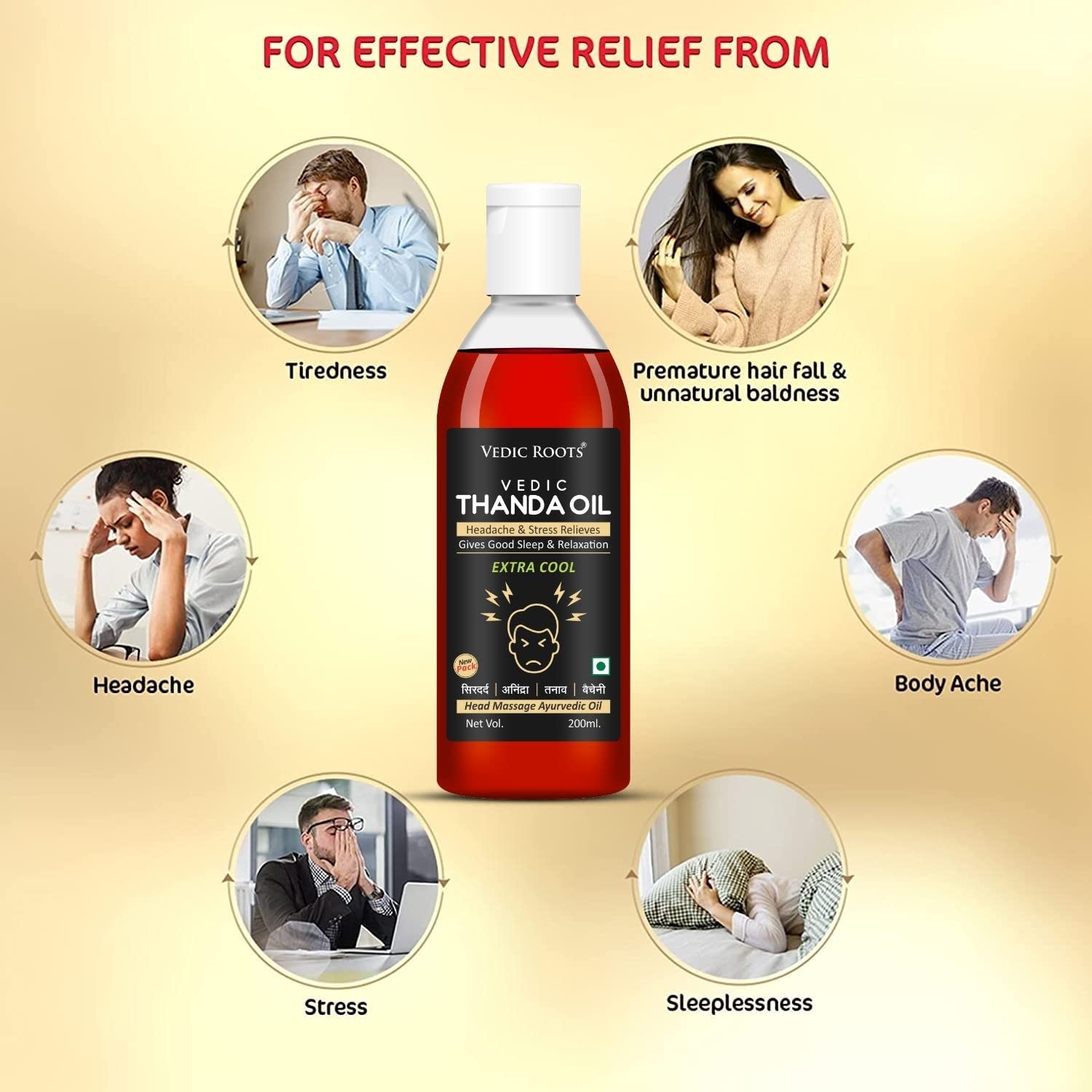 Vedic Roots Extra Cooling Herbal Hair Oil for Headache & Stress Relief | Bhringraj Amla Ratan Jyot Formula | Promotes Relaxation & Better Sleep | 200ml | Ideal for Scalp Massage, Ayurvedic Hair Care & Daily Stress Management