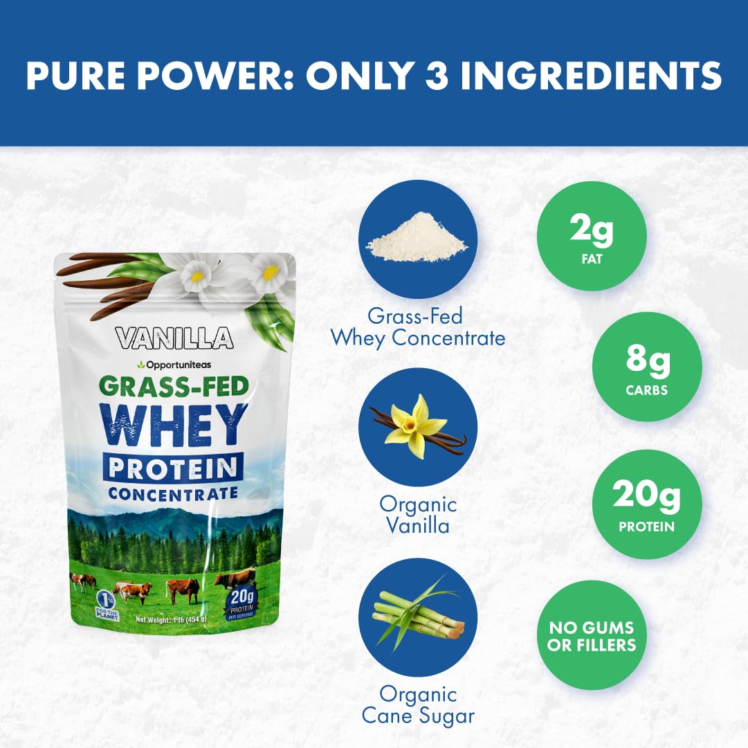Grass Fed Whey Protein Powder Concentrate - Vanilla Flavor | Pure Protein Supplement | Non-GMO, Hormone Free, Gluten Free | 1lb | Post-Workout Recovery & Muscle Building