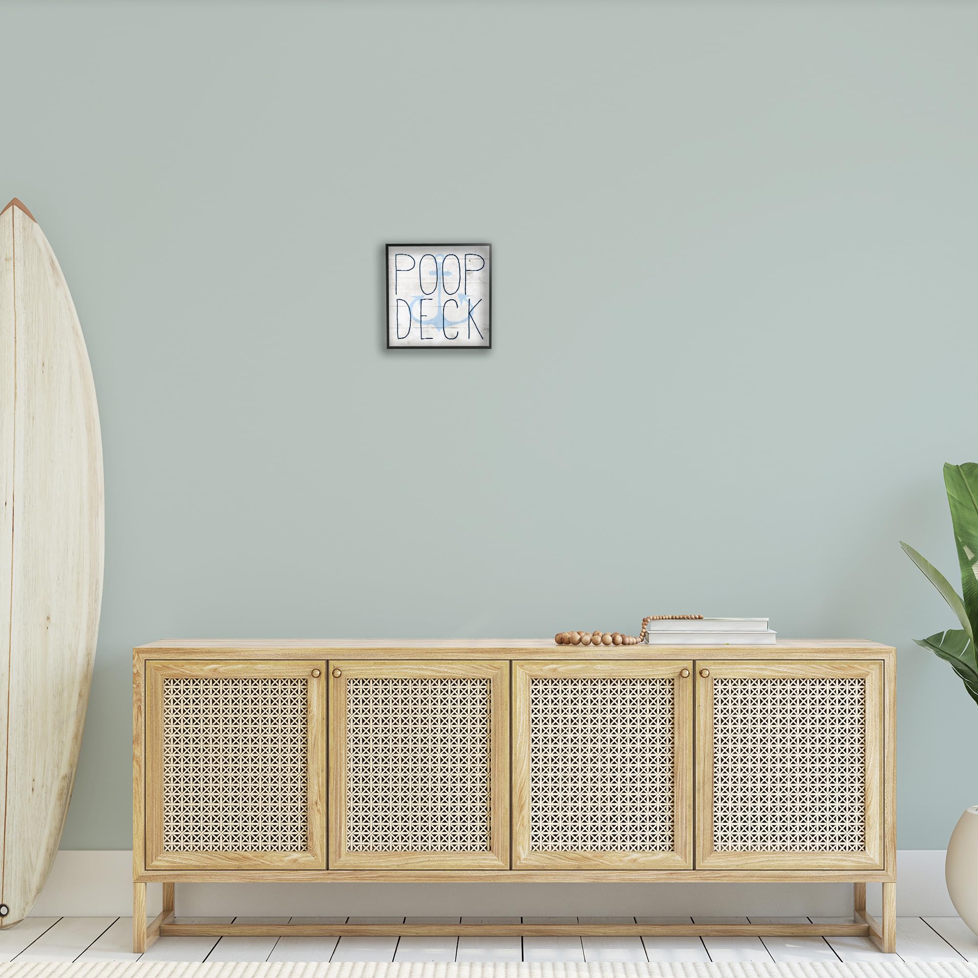 Stupell Industries Poop Deck Funny Beach Family Home Wood Textured Wall Art - 12x12 Black Framed Canvas by Artist Daphne Polselli - Perfect for Bathroom Decor, Coastal Living Room, or Humorous Gift Idea