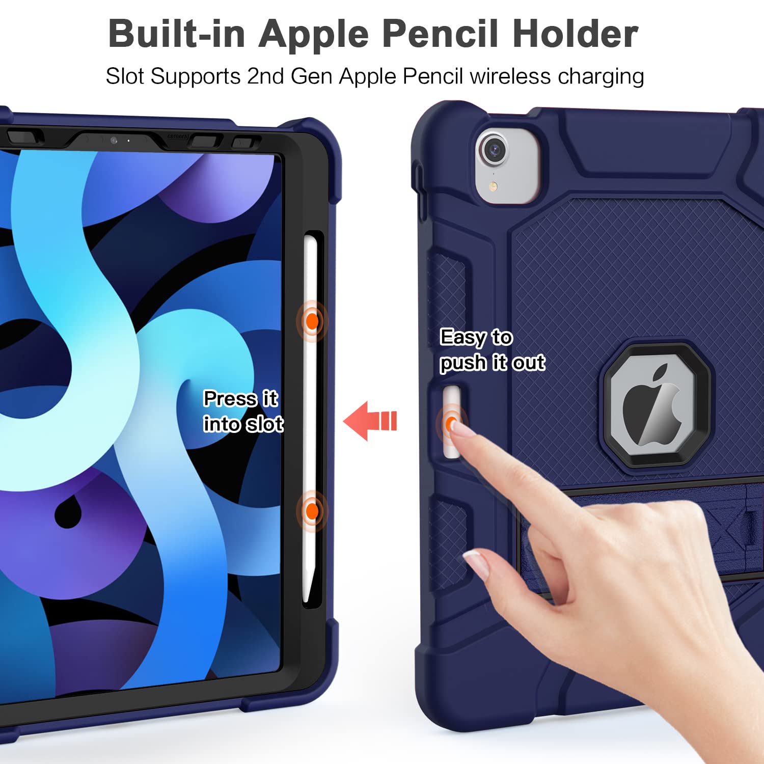 Shockproof Rugged Protective Case for iPad Air 5th/4th Gen 10.9 Inch (2022/2020) - Navy Blue Kids Case with Apple Pencil 2nd Gen Charging Support | Perfect for School, Travel & Outdoor Activities