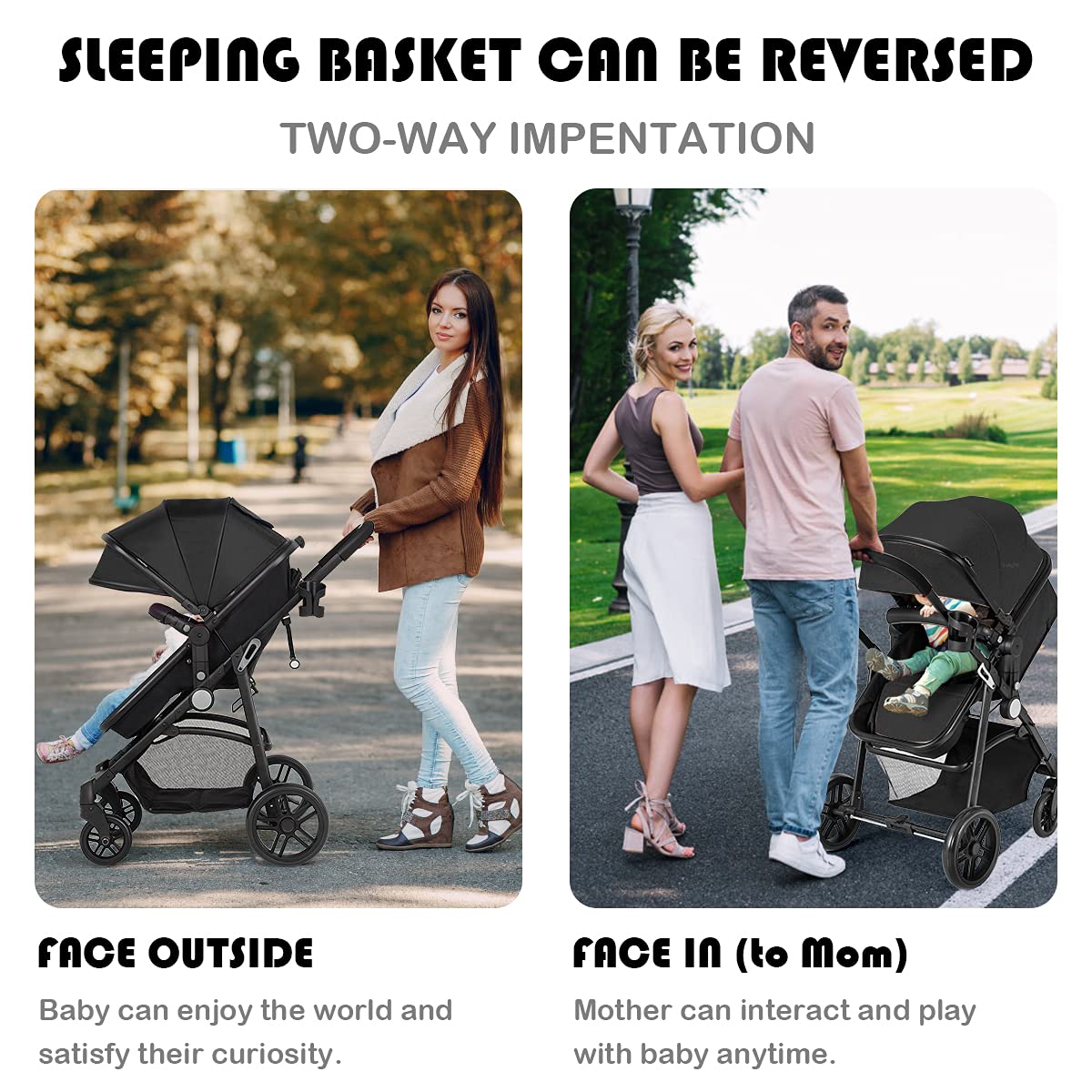 HONEY JOY Convertible Baby Stroller with Adjustable Canopy & Reclining Backrest - Foldable Infant Bassinet Pram with Storage Basket & Cup Holder for Newborns (Black) | Perfect for Park Walks, Shopping Trips & Family Outings