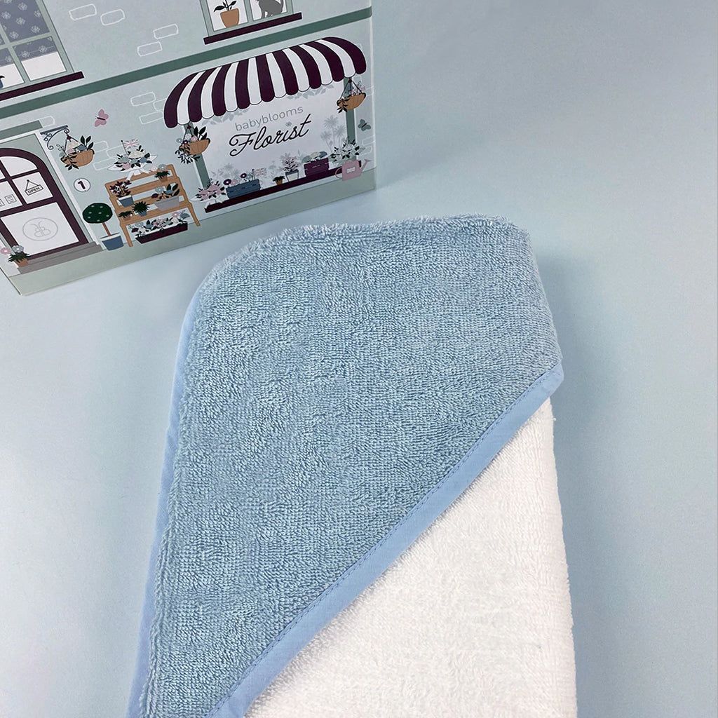 Soft Hooded Baby Towel Set - Welcome Baby Clothes & Posy Blue Cotton Newborn Gift - Perfect for Showers, Baptisms & First Photos
