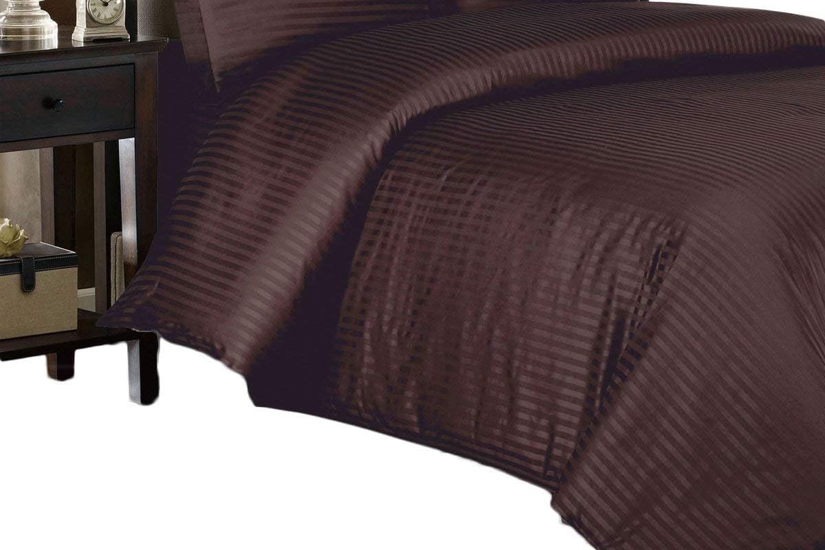 Royal Tradition Stripes Chocolate 300 Thread Count 100% Cotton Duvet Cover Set - Full/Queen Size 3PC Comforter Cover with Button Enclosures for Luxurious Bedroom Decor