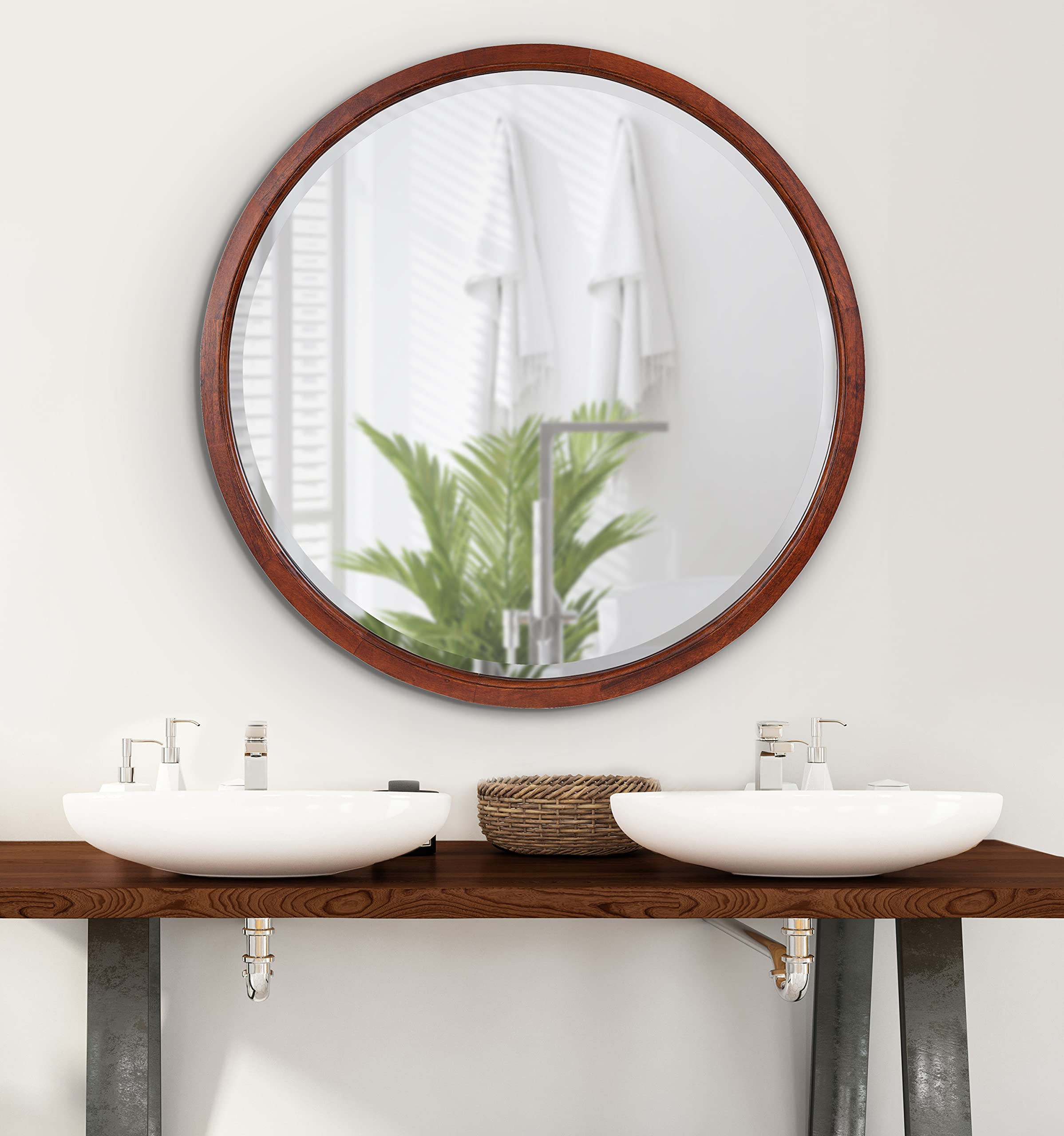 Kate & Laurel Hogan Farmhouse Round Wall Mirror - 32 Inch Diameter Walnut Brown - Modern Decorative Mirror for Living Room, Bedroom, Entryway & Home Decor