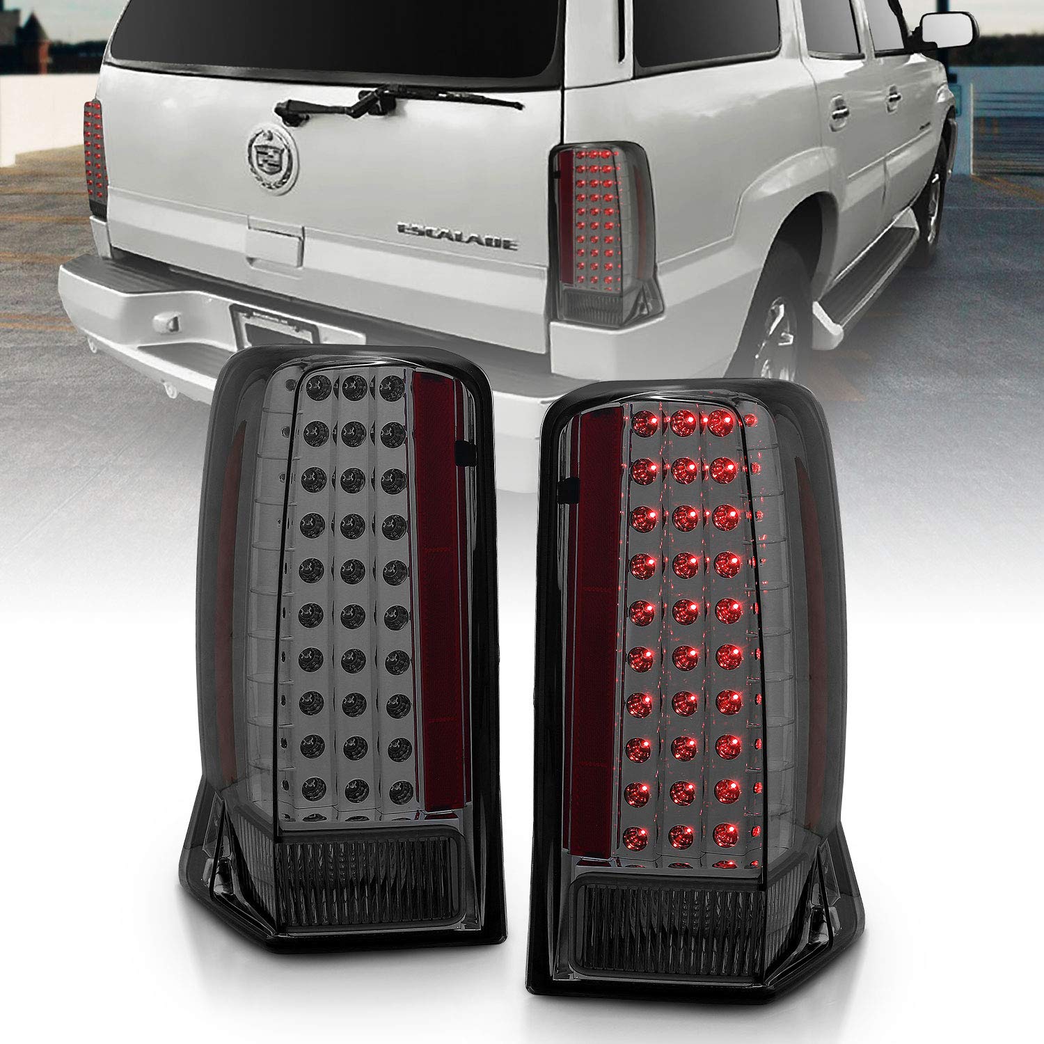 AmeriLite LED Smoke Brake Tail Lights Set for 2002-2006 Cadillac Escalade - Left & Right Side Replacement - Enhanced Night Visibility & Style Upgrade