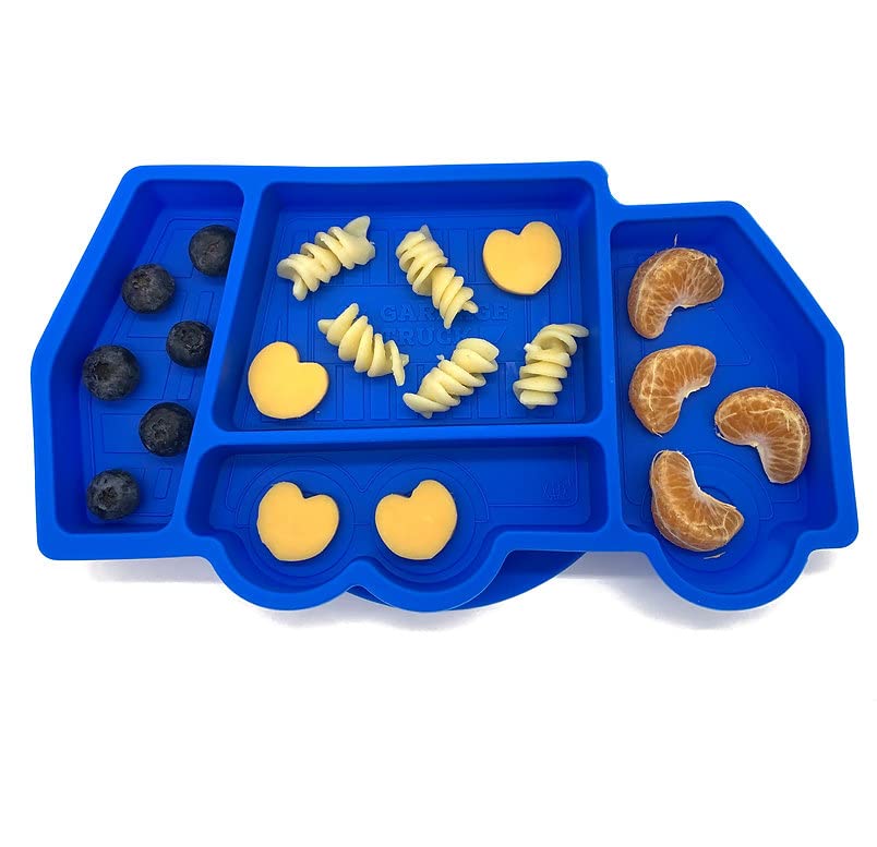 Durable Suction Plate for Kids - Non-Slip Toddler Dinnerware Set with Divided Sections | Construction-Themed Garbage Truck Design | Microwave & Dishwasher Safe | Perfect for Mealtime, Daycare & Travel (Blue)
