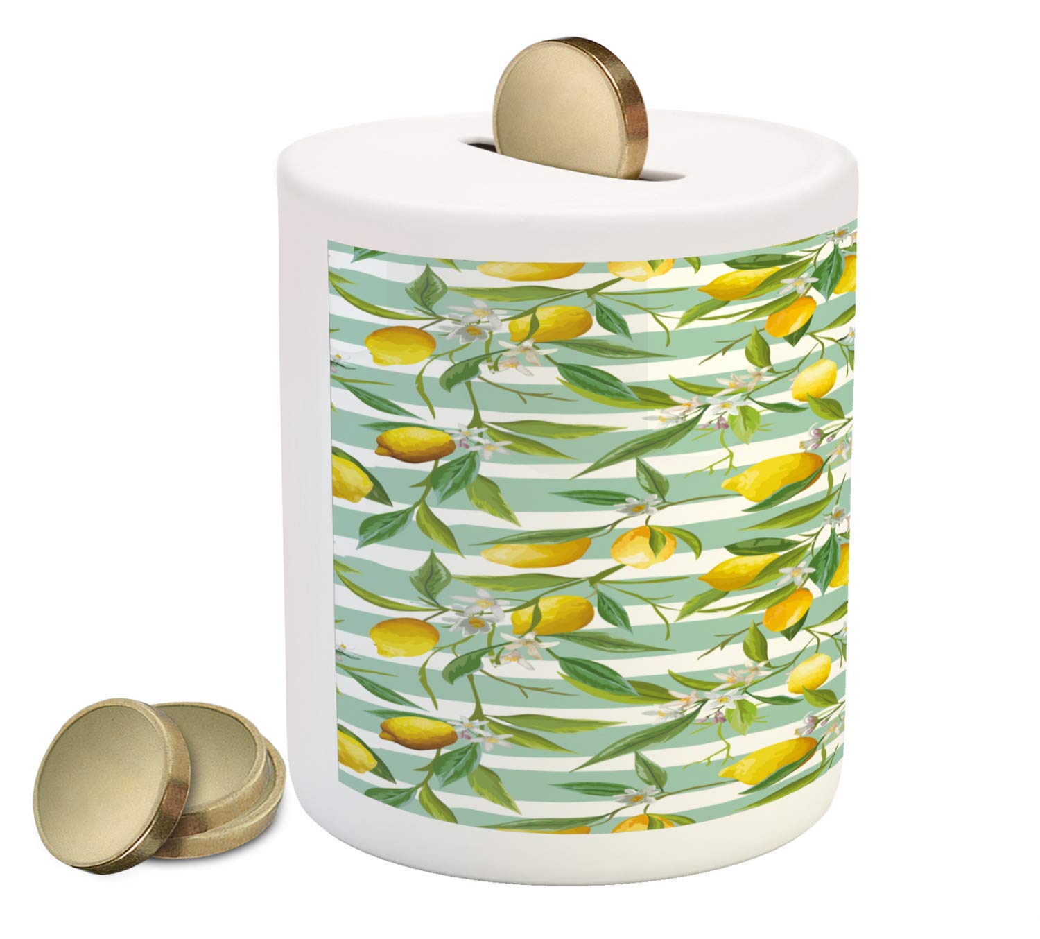 Ambesonne Ceramic Piggy Bank - Blooming Lemon Tree on Striped Paintbrush Design, Evergreen Art Money Box for Cash Savings (Fern Green & Seafoam Yellow) | Perfect Gift for Kids, Teens & Home Decor