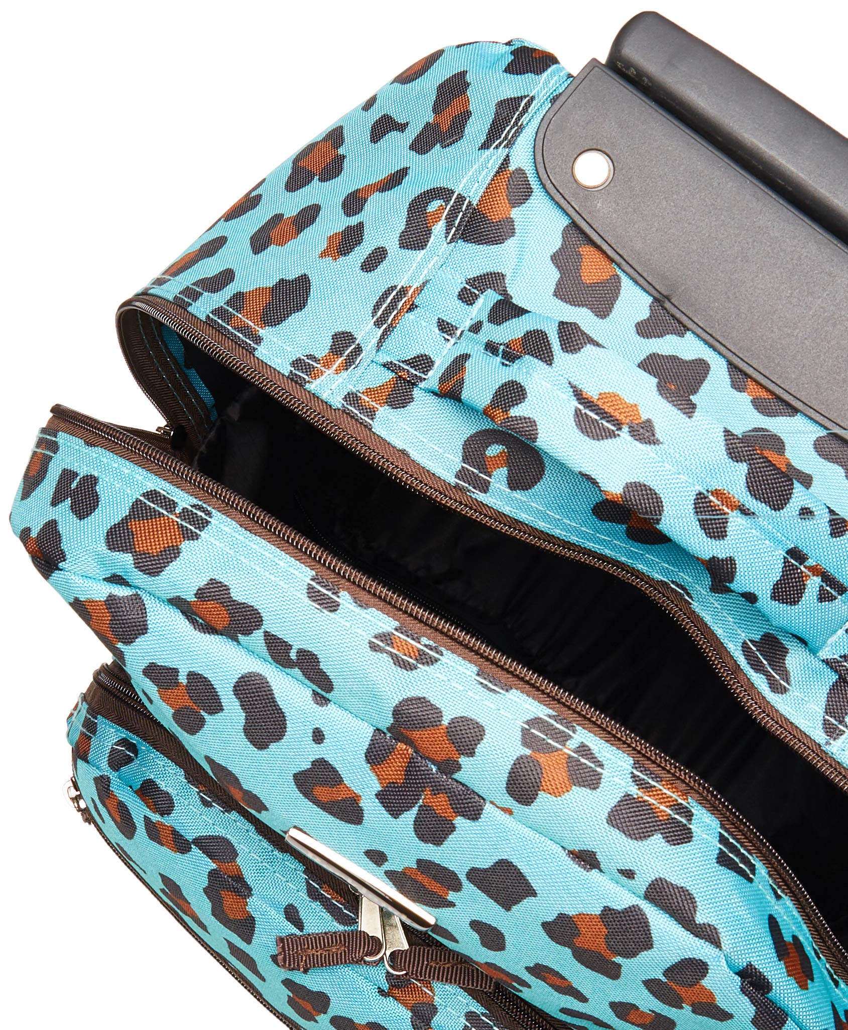 Rockland 17-Inch Double Handle Rolling Backpack - Blue Leopard Print for School, Travel & Business | Durable Carry-On Luggage with Wheels & Shoulder Straps
