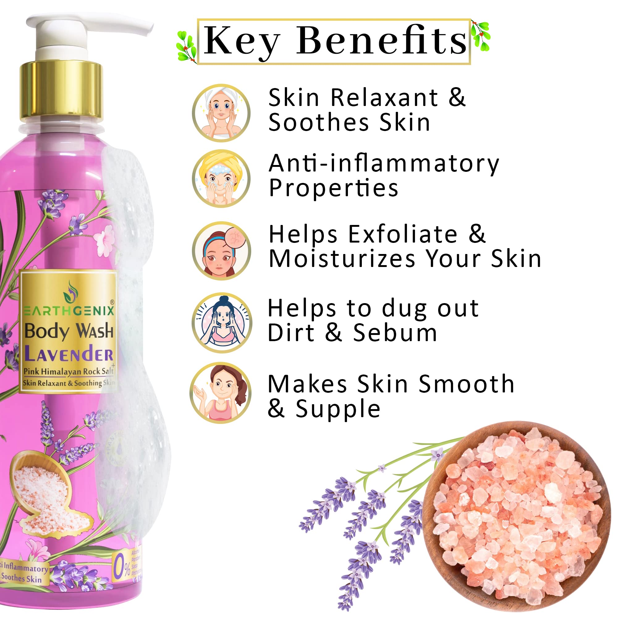 Earthgenix Lavender & Pink Himalayan Salt Body Wash (500ml) - Loofah-Free, Skin Relaxing & Soothing for All Skin Types | Men & Women | Perfect for Stress Relief & Spa-Like Bath Experience