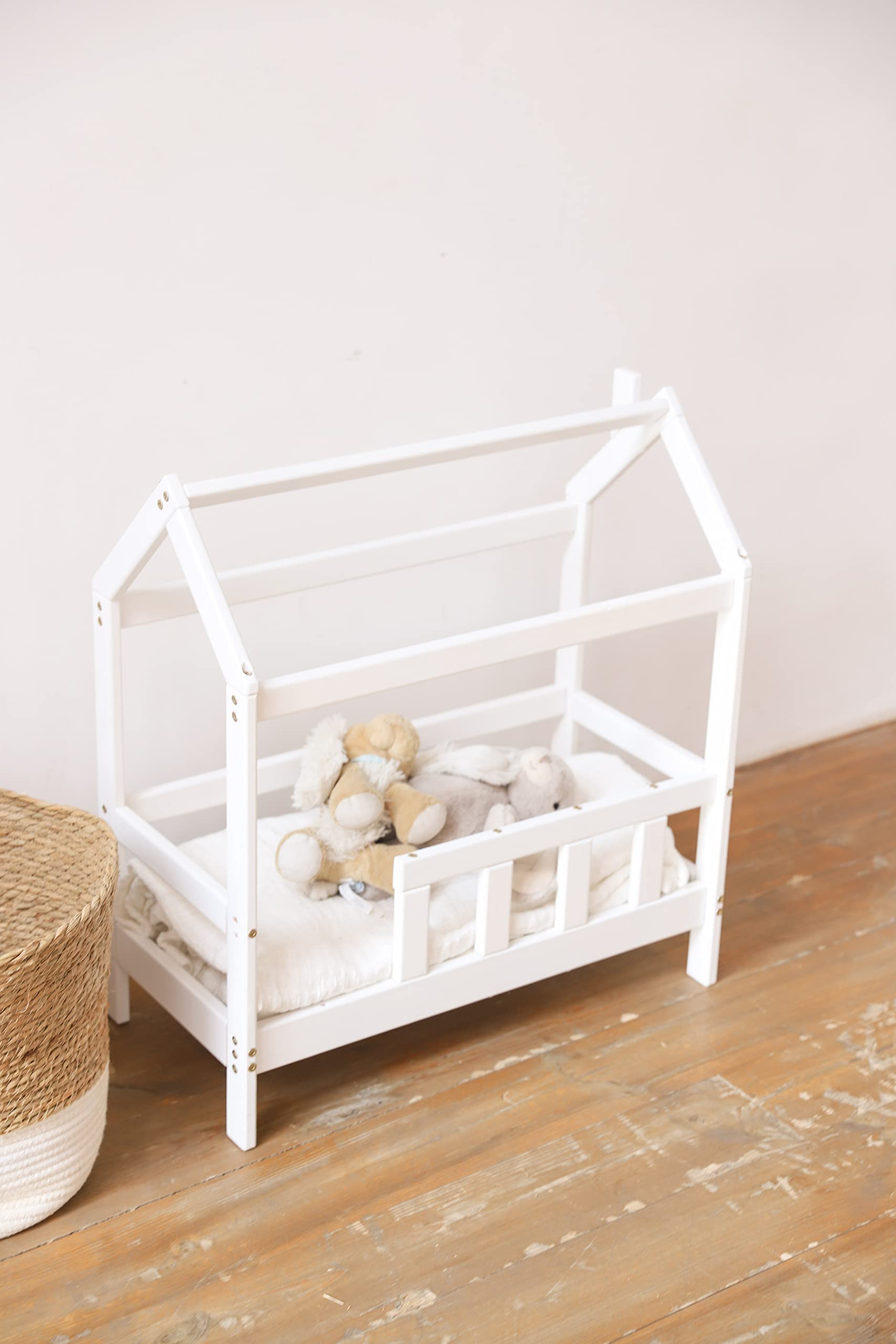 BUSYWOOD Wooden Doll Bed & Toddler Bed Frame - White Girls Bedroom Furniture for Pretend Play & Montessori Learning - Perfect for Dollhouse Accessories & Kids Imaginative Play
