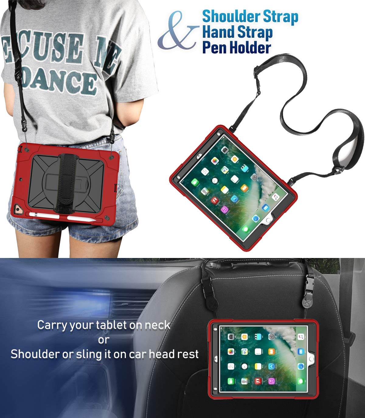 360° Rotating Shockproof iPad Case with Handle Stand & Pencil Holder - Compatible with iPad Air 2, iPad Pro 9.7 (2016), iPad 6th/5th Gen & New iPad 9.7 (2017/2018) - Red & Black - Perfect for Work, Travel & School Use