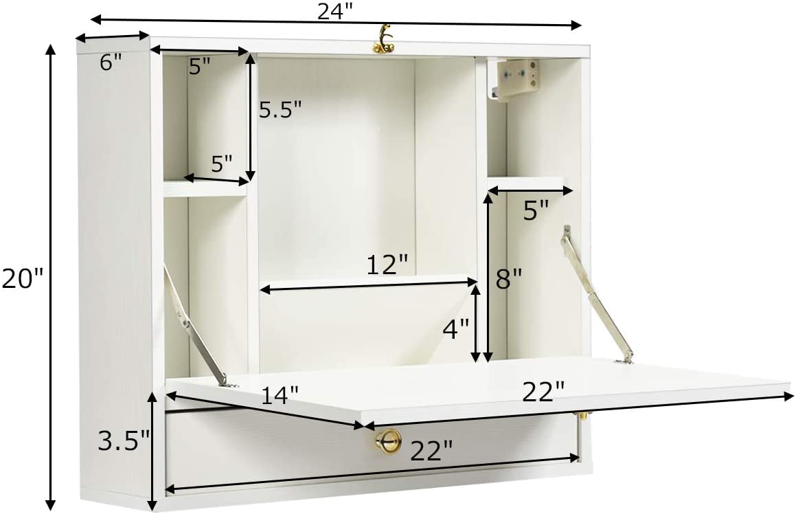 GRAFFY Wall Mounted Folding Desk with Storage Drawer & Shelves - Space Saving Home Office Computer Desk, Multifunctional Hanging Cabinet for Small Spaces - Perfect for Bedroom, Dorm, Studio Apartments (White)