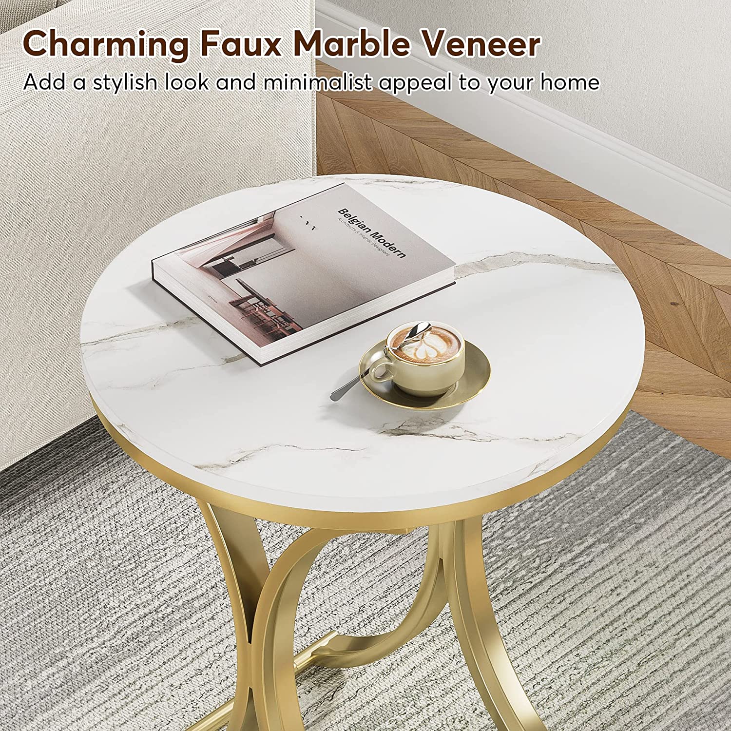 Round End Table with Metal Frame - Small Coffee & Sofa Side Table for Living Room, Bedroom, or Office - Modern Accent Furniture for Home Decor