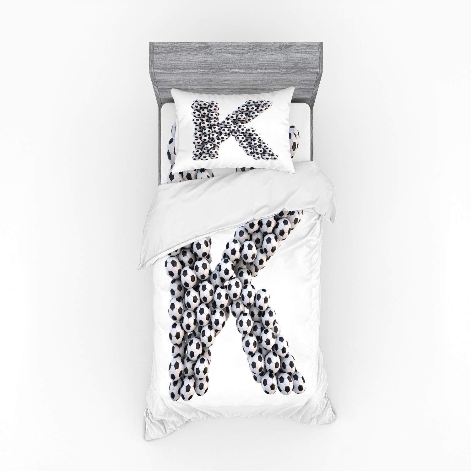 Ambesonne Letter K Bedding Set - Alphabet & Soccer Balls Design, 3-Piece Duvet Cover with Sham & Fitted Sheet, Twin XL Size, Black & White Sports Theme - Perfect for Kids' Rooms, Dorm Decor & Soccer Fans