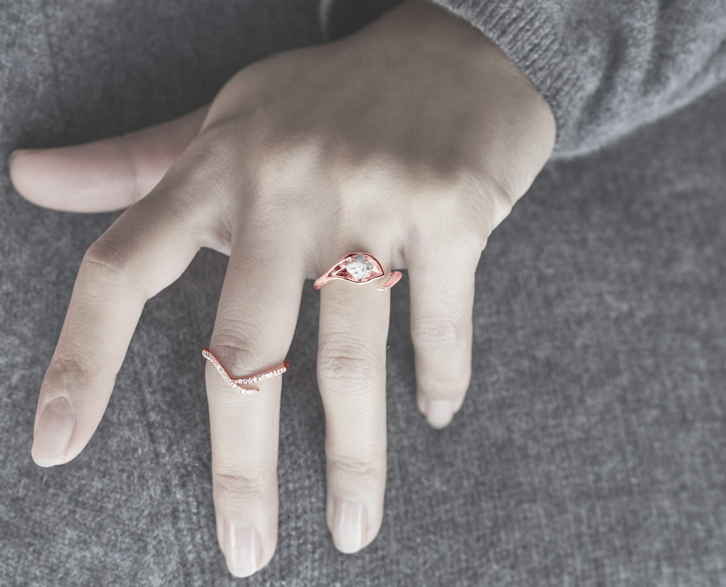 Conflict-Free Raw Diamond Engagement Ring in Rose Gold - Ethical Rough Diamond Wedding Band - Nature-Inspired Twig Flower Ring - Rustic Calla Lily Ring for Women - Perfect for Outdoor Weddings, Boho Chic Style & Unique Proposals