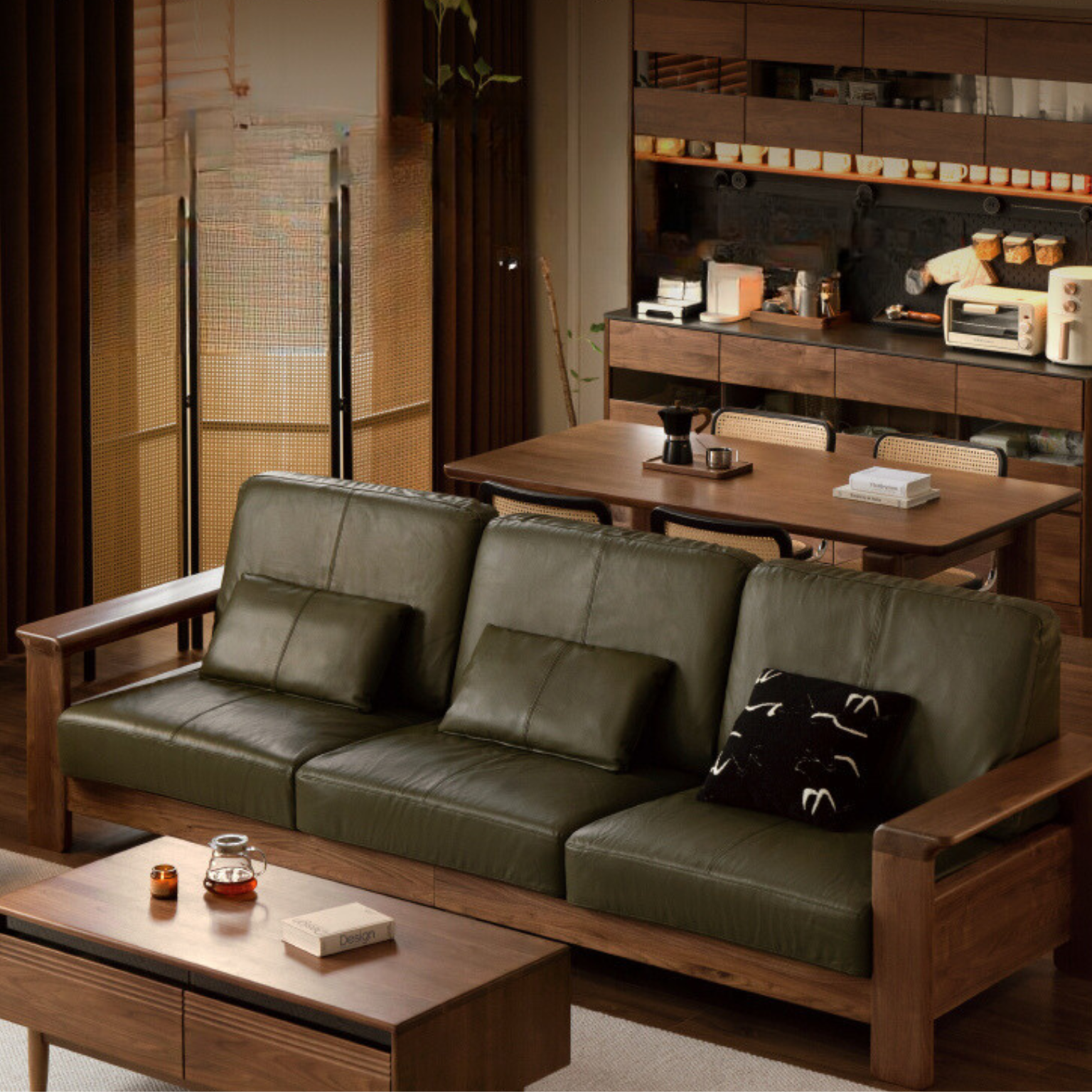 Black Walnut Solid Wood Modern Straight Sofa - Contemporary Minimalist Living Room Furniture for Small Spaces & Apartments