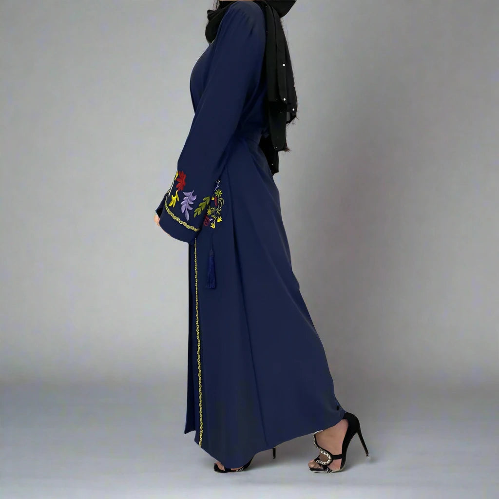 Elegant Muslim Women's Embroidery Open Abaya Dress - Modest Islamic Clothing for Prayer, Mosque & Special Occasions